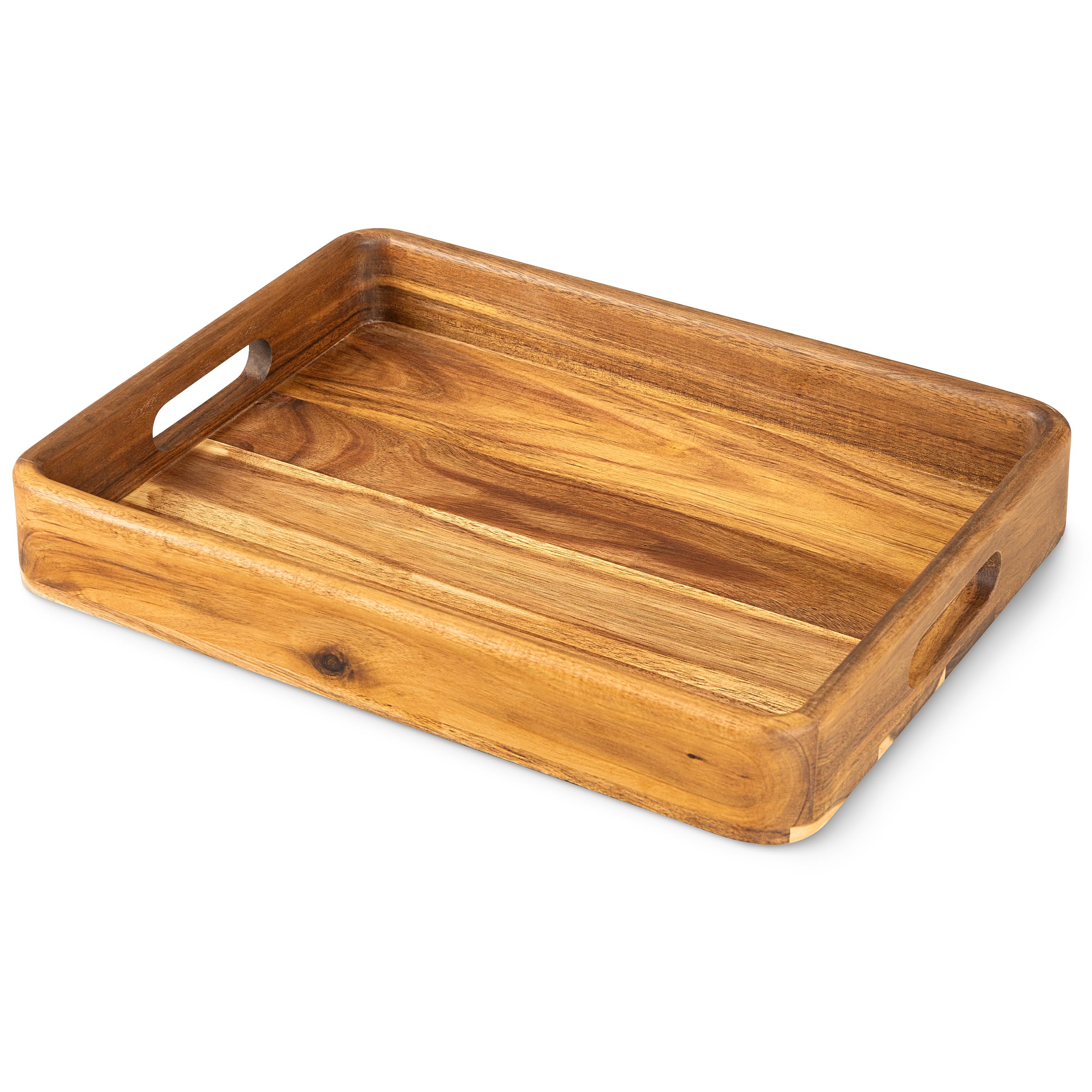 Acacia Wooden Serving Trays with Handles for Eating, Appetizers, Food, Snacks, or Home Decor, Large Wood Bed Tray or TV Tray, Decorative Ottoman or