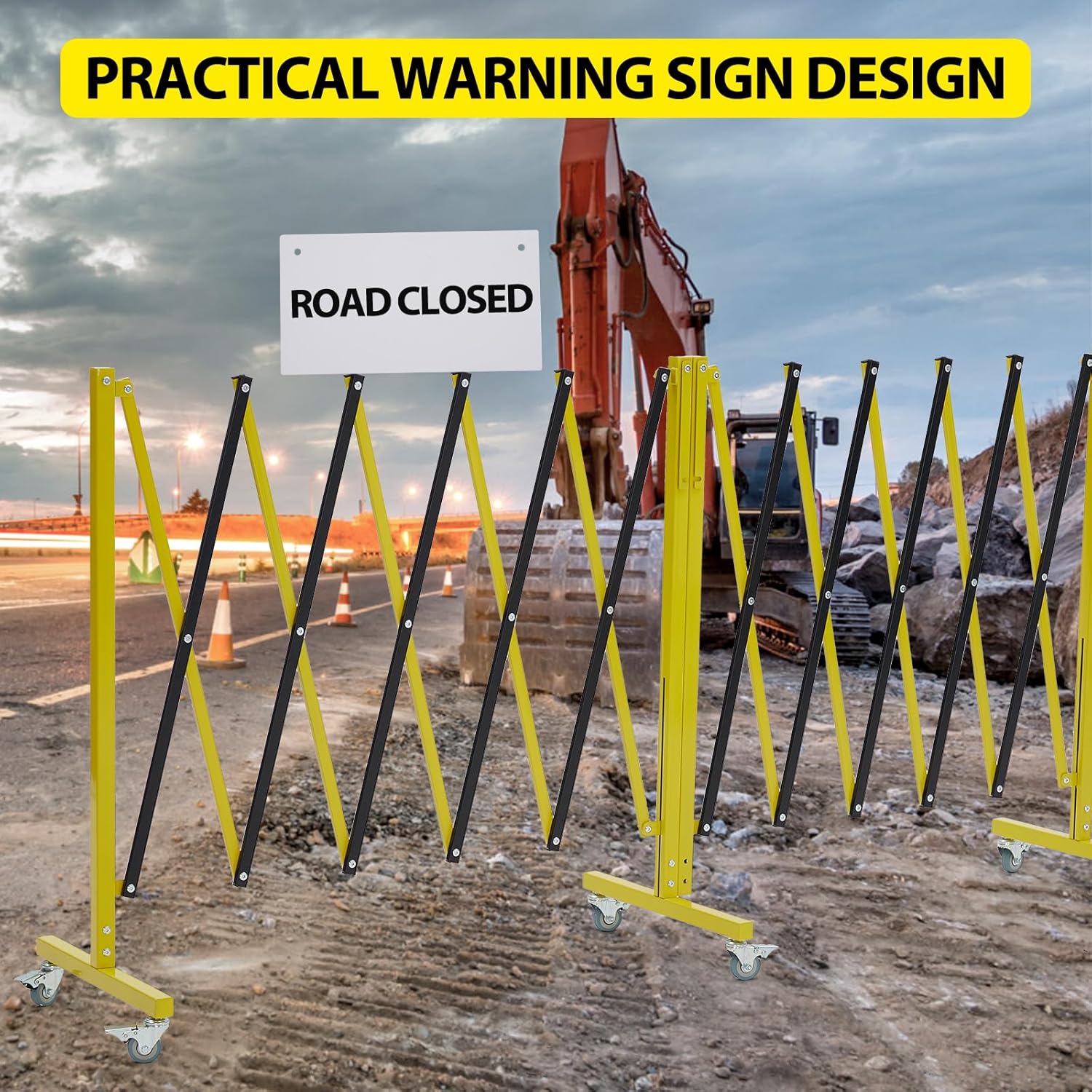 20FT Industrial Expandable Barricade Folding Security Gate with Wheels, 20ft Expandable Metal Barricade with Wheels, Yellow Black Traffic Fence for Construction, Crowd Control, Parking Lot, Events