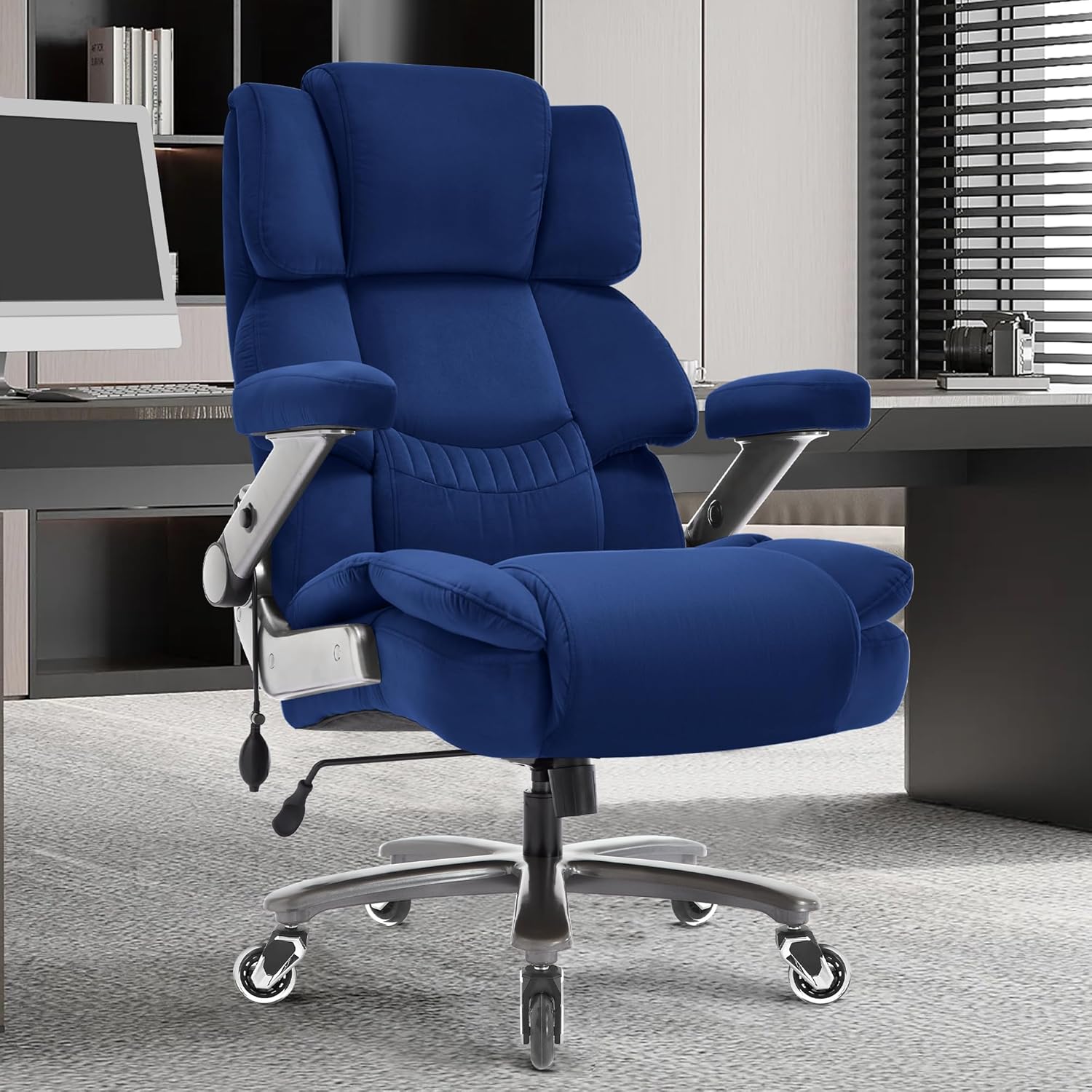 big and tall office chair 700lbs- fabric high back executive computer chair with adjustable lumbar support 3d flip arms plus size rubber wheels- extra wide large desk chairs, heavy duty metal base blue