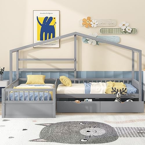 Miniatura 20 de MERITLINE Camas completas con cama nido para niños, marco de cama casa de juegos de madera para niñas y niños, cama completa tipo casa con techo, no