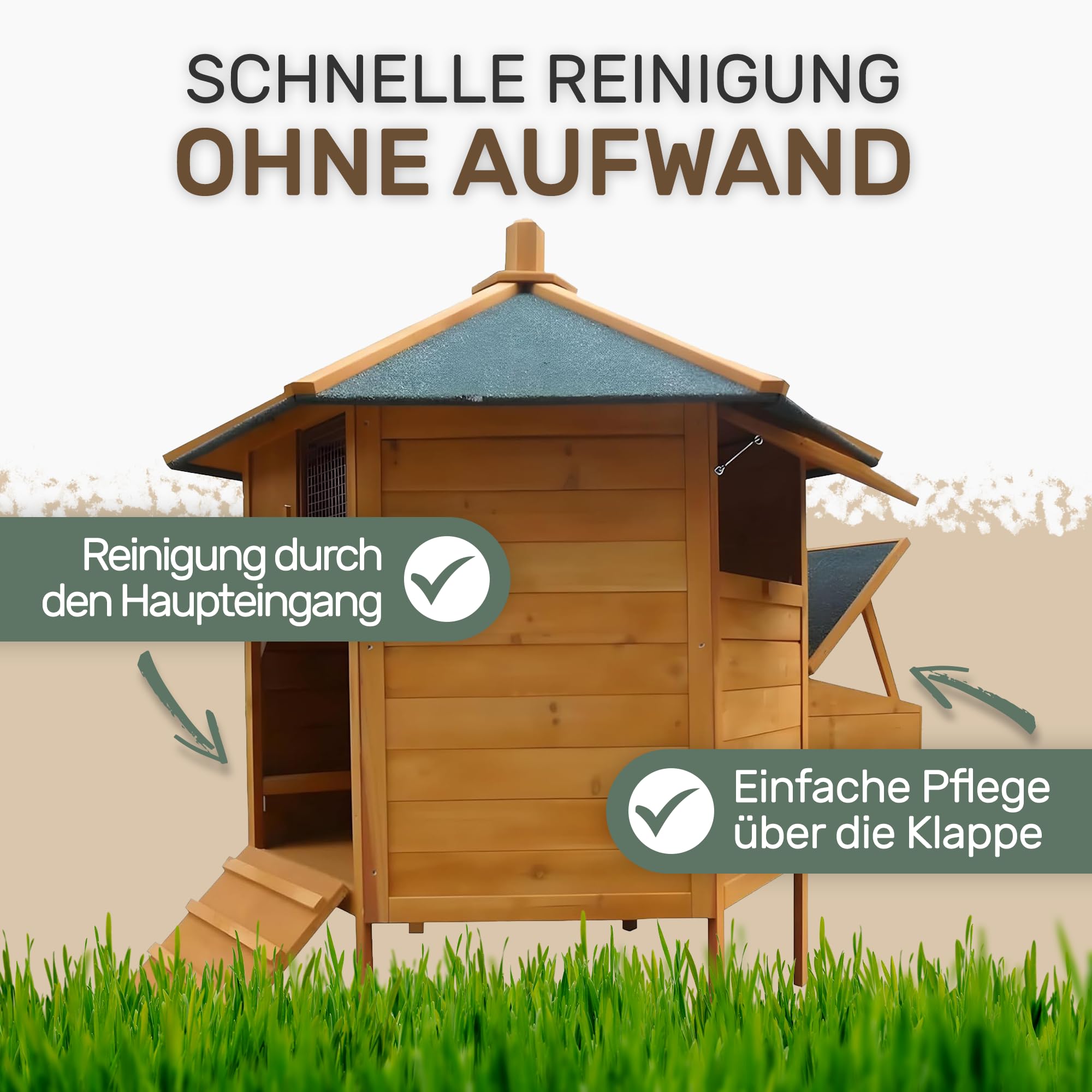 Melko Hühnerstall Hühnerhaus 6-Eck für 5-8 Hühner 131x125 cm Massivholz | mit Nistkasten, Rampe und Sitzstangen, wetterfeste Teerpappe, Dach aufklappbar zur Eientnahme, auch für Wachteln und Enten