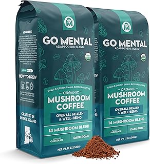 Organic 14 Mushroom Coffee Blend Dark Roast, Organic Lion's Mane, Chaga, Red Reishi and more, Chocolate Notes, Enhances Overall Health, Immune Support And Wellbeing, Ground 12 oz Bag (2 Pack)