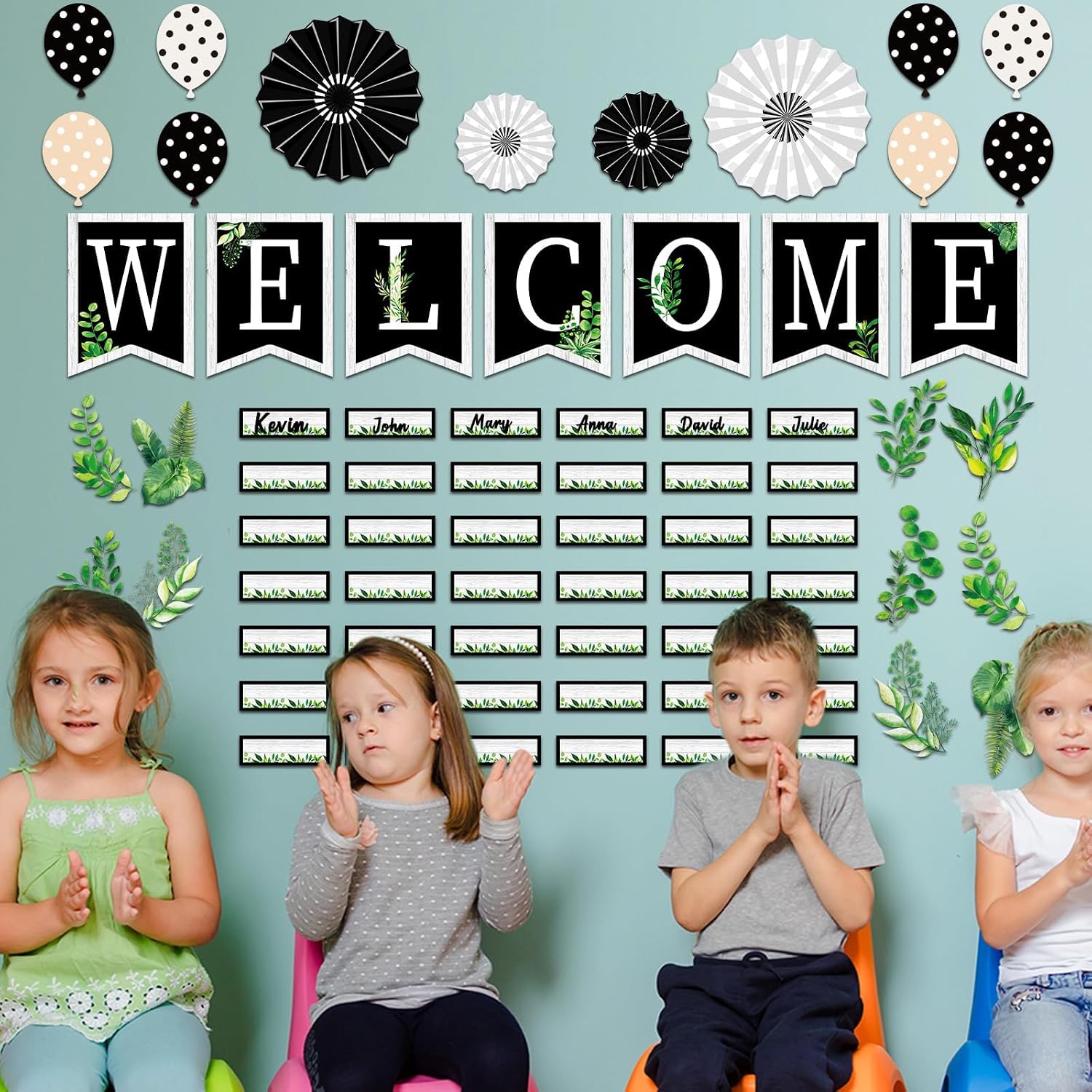 61 Pieces Simply Boho Welcome Classroom Bulletin Board Set Eucalyptus Bulletin Board Classroom Decoration Balloon Paper Fans Cutouts for Primary School Kindergarten Middle School Wall Decor