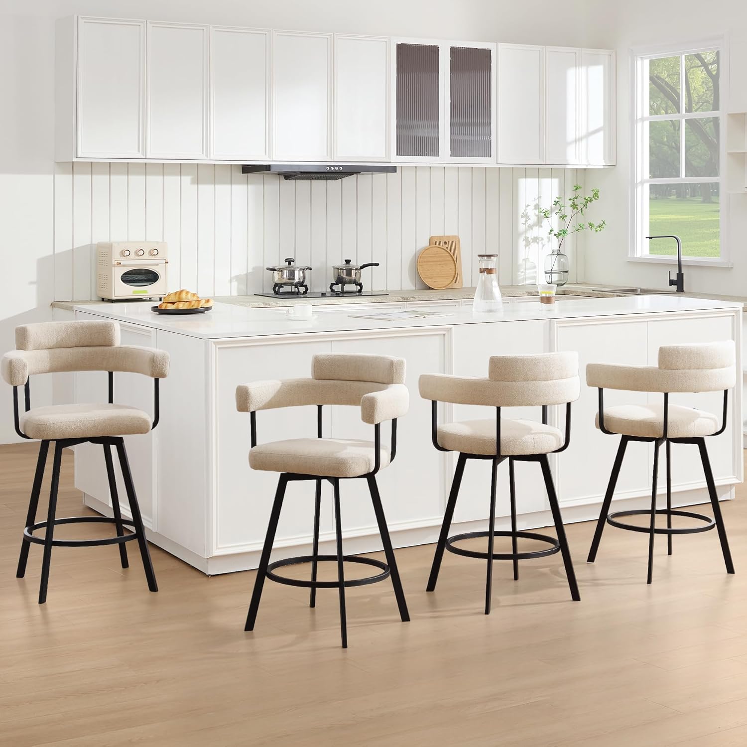 26’’ Swivel Counter Height Stools with Round Back, Fabric Upholstered Bar Stools with Metal Legs, Armrest, Modern Counter Stools for Kitchen Island, Dining Room (Beige, Set of 2)