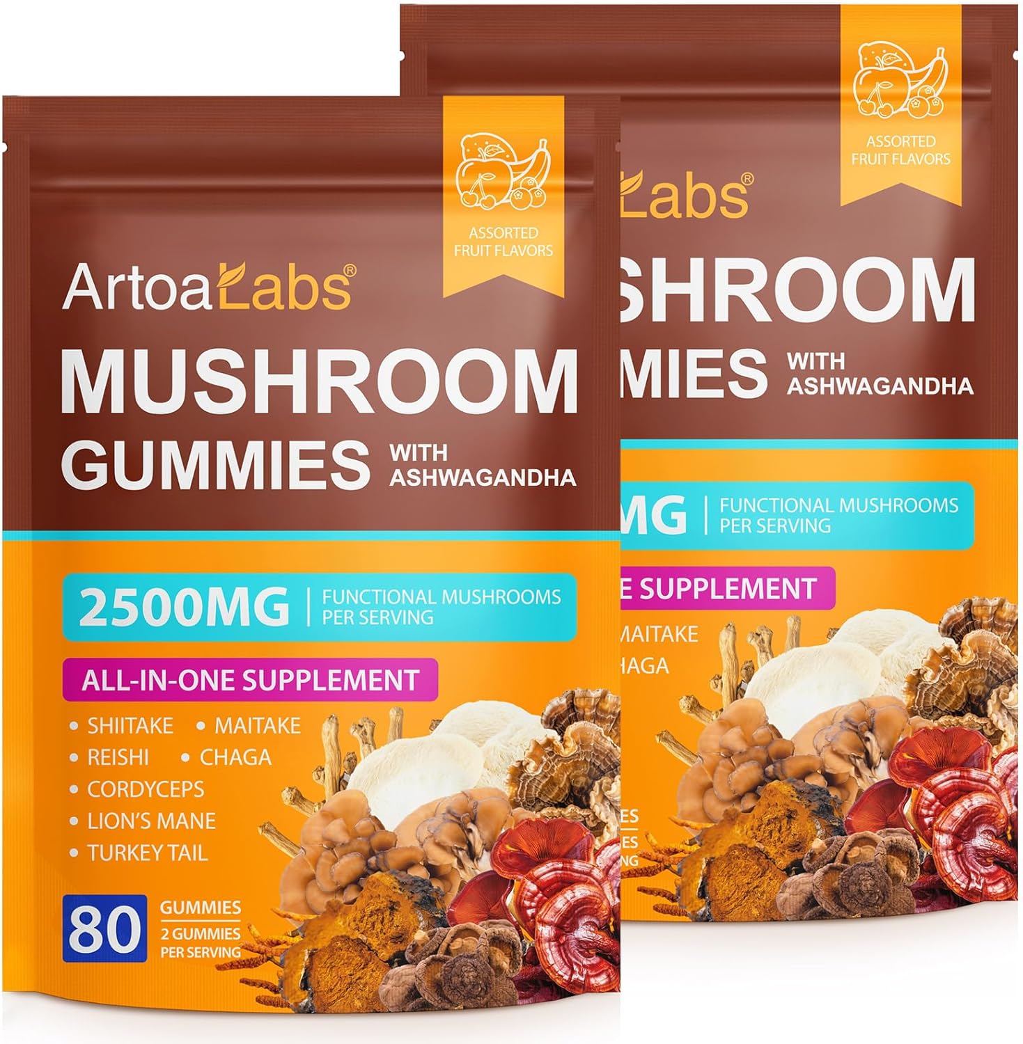 Gomitas de hongos con Ashwagandha de 2500 mg de suplemento de hongo de melena de león, mezcla orgánica de reishi, cordyceps, cola de pavo y más,