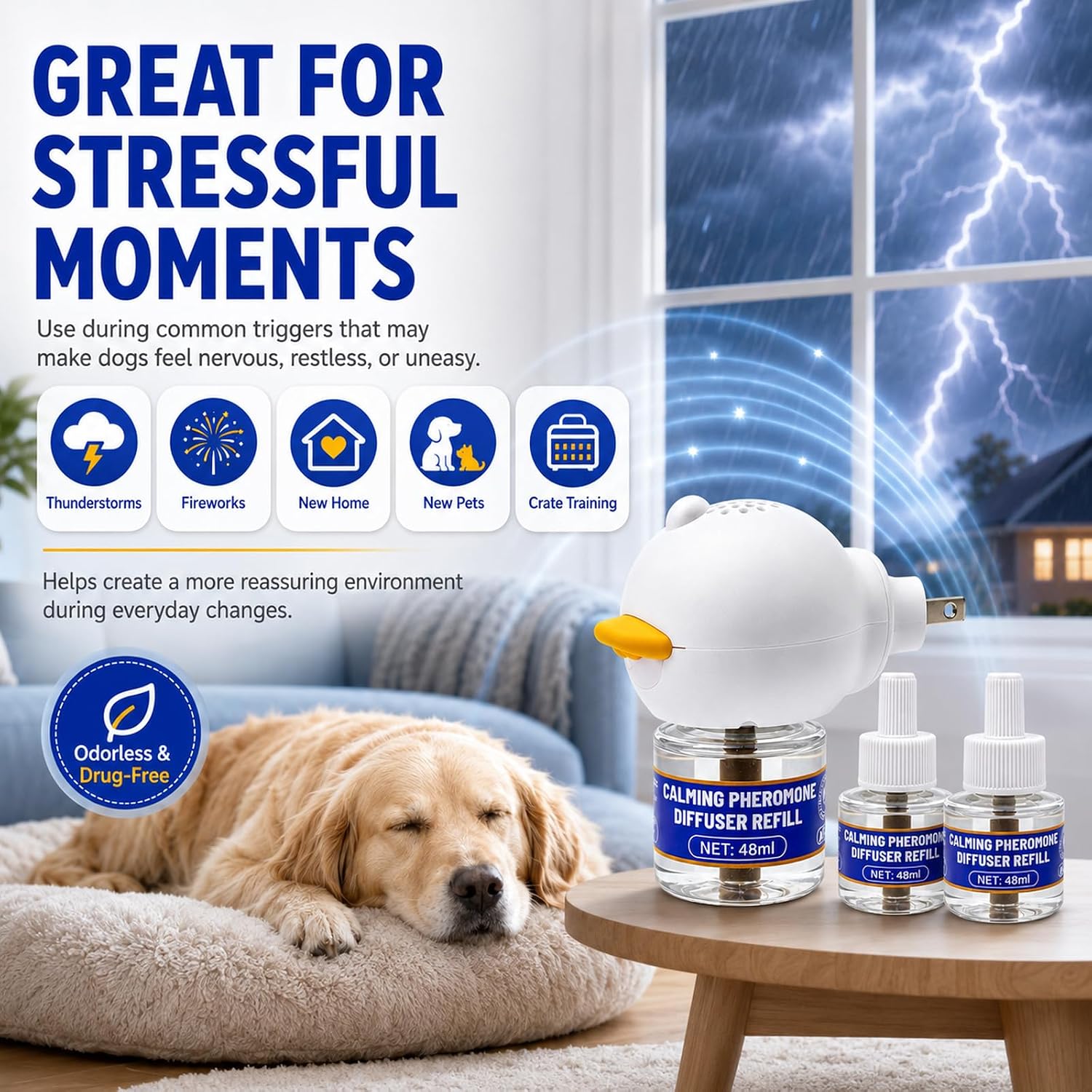 Dog Calming Diffuser 3 in 1 Kit Pheromone Refills Plug In Separation Anxiety Relief Stress Barking Chewing Aggression Pee Accidents Thunderstorm Fireworks Comfort Support Odorless Long Lasting