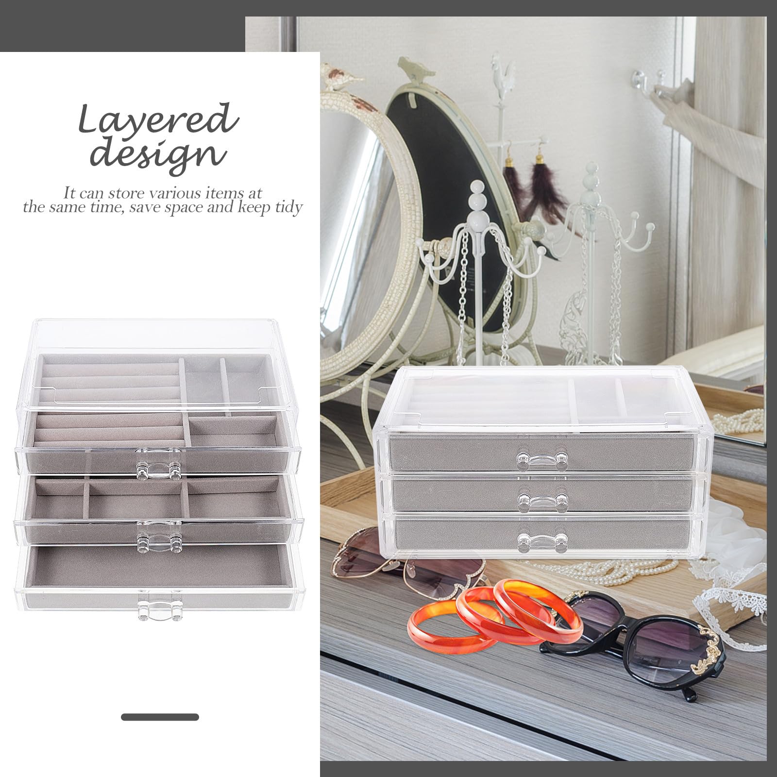 Operitacx Scatola Portaoggetti Cassetti per Gioielli e Orecchini, Organizer da Toeletta Multiuso in Materiale Resistente Grigio, Contenitore per Anelli e Accessori da Scrivania per Casa