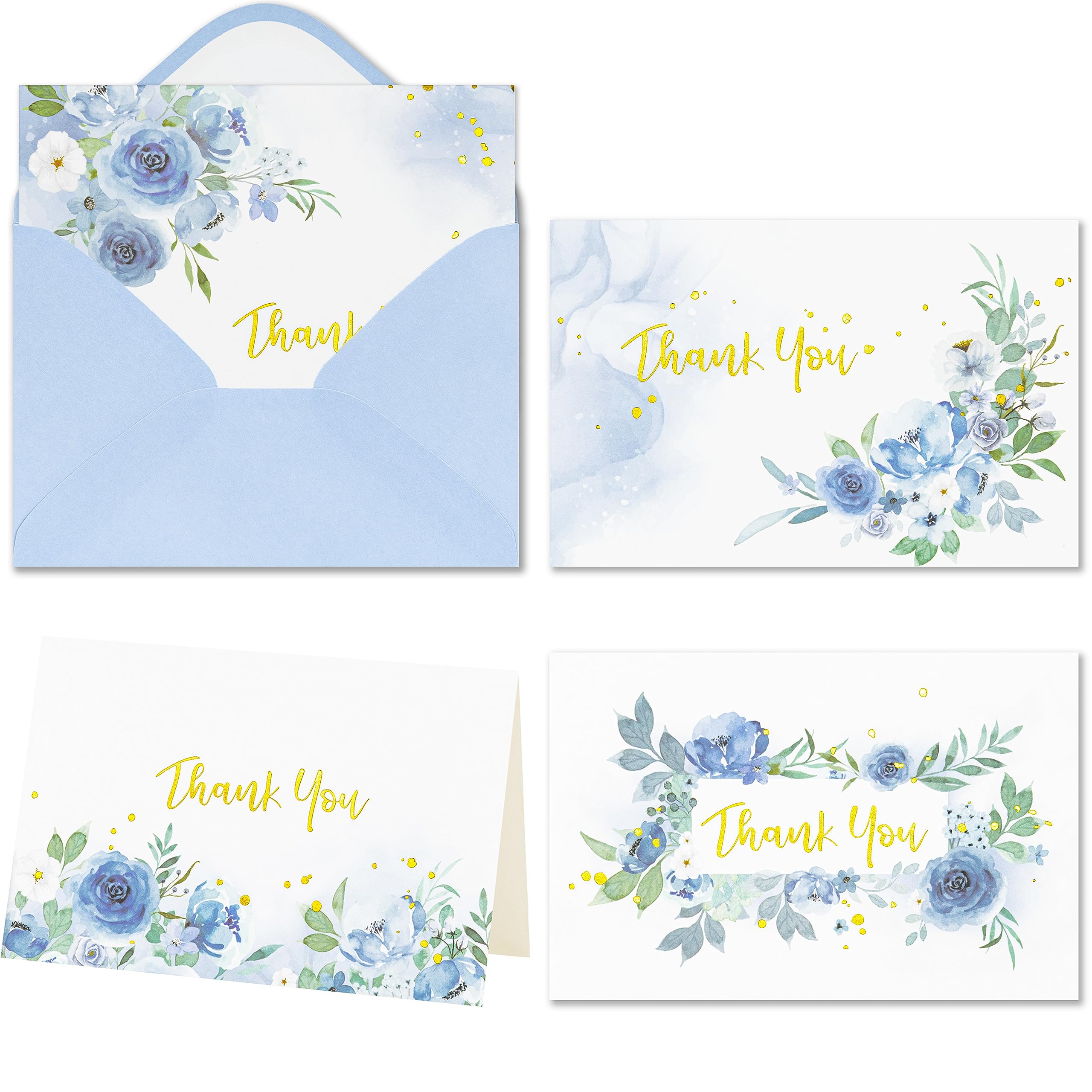Crisky 4 Assorted Blue Gold Watercolor Floral Thank You Cards with Envelopes (25 Pack) with White Craft Envelopes & Stickers for Birthday, Baby Shower