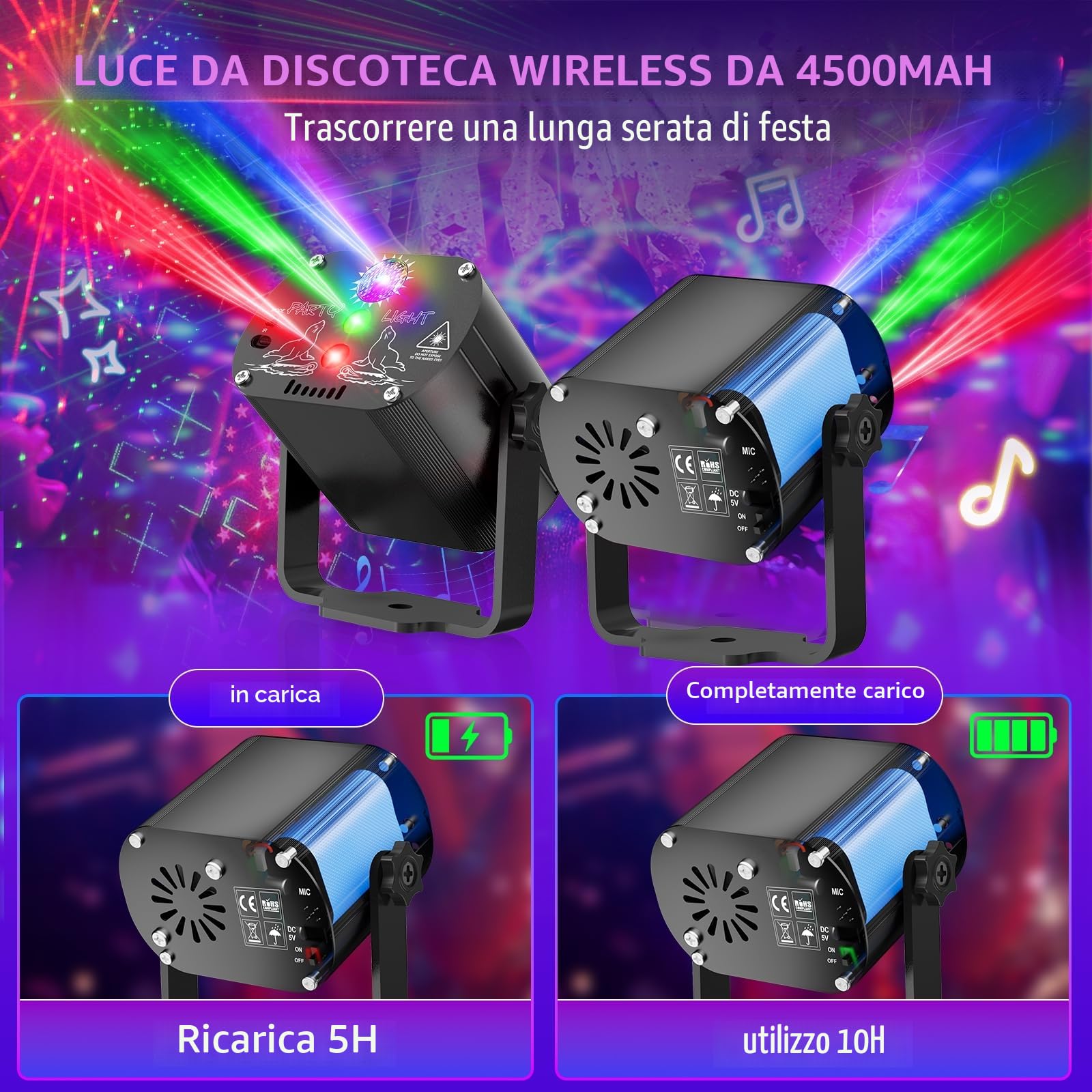 Luci Discoteca LED Wireless 4500mAh 60 Effetti Stroboscopici Testa Mobile DMX DJ Nero