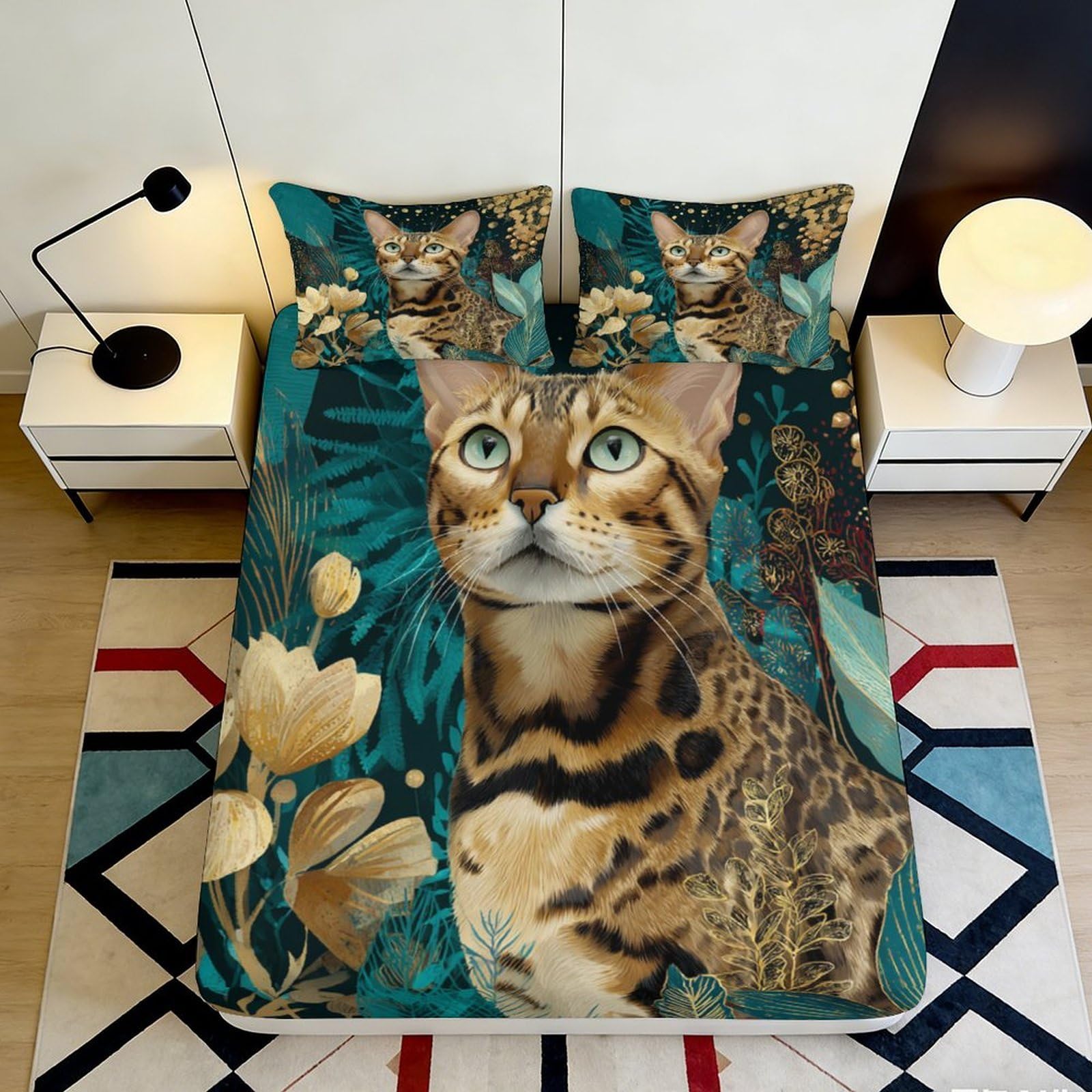 3D Printed Bengal Cat Fitted Sheet Microfiber Soft Durable Floral Leaves Bed Cover for Bedroom Dormitory Guest Room Mattress Protection 120x200x25cm