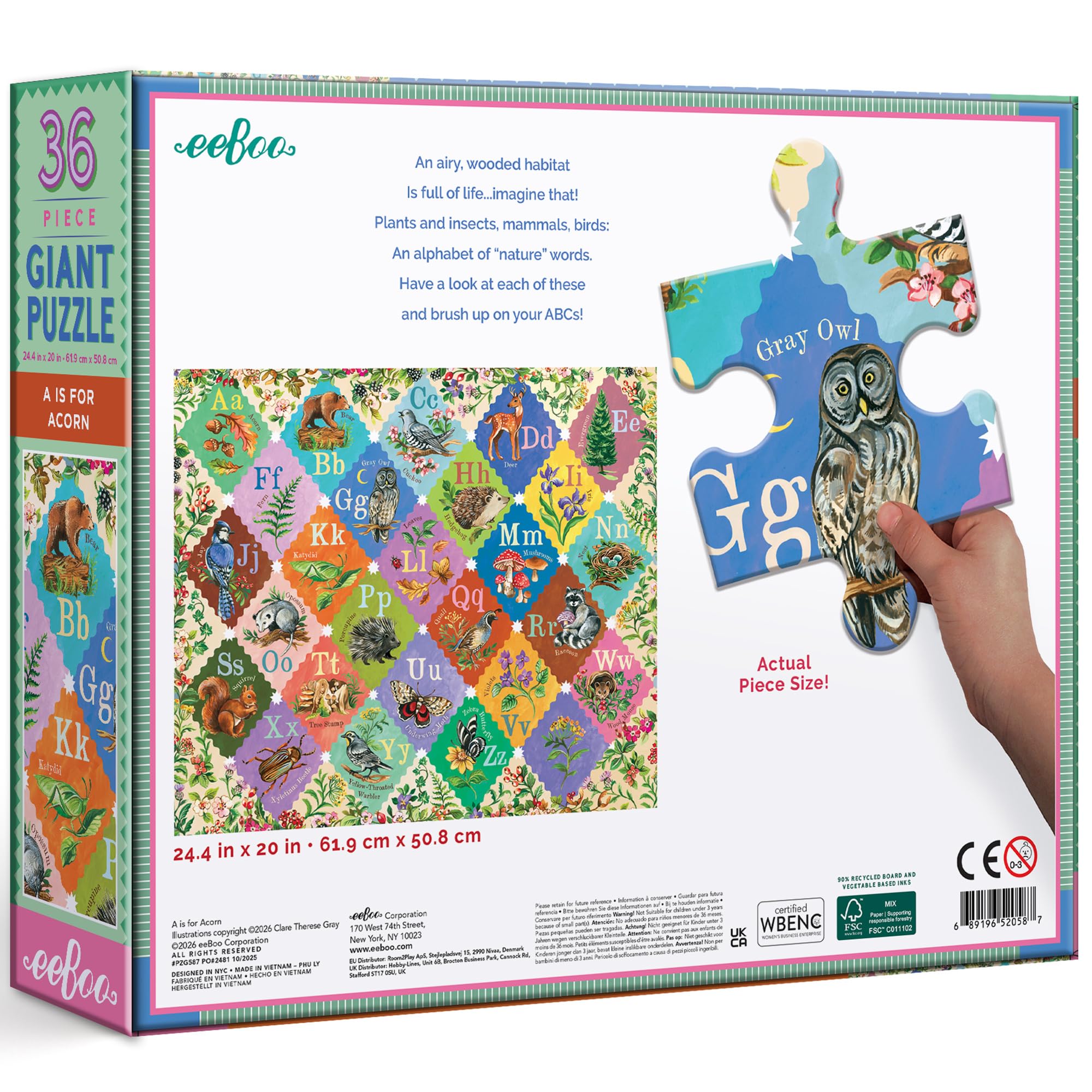 eeBoo: A is for Acorn – 36-teiliges riesiges Bodenpuzzle – 24 x 20 ABC Woodland Animal & Nature Jigsaw, übergroße Teile, Alphabet frühes Lernen, Kinder ab 4 Jahren