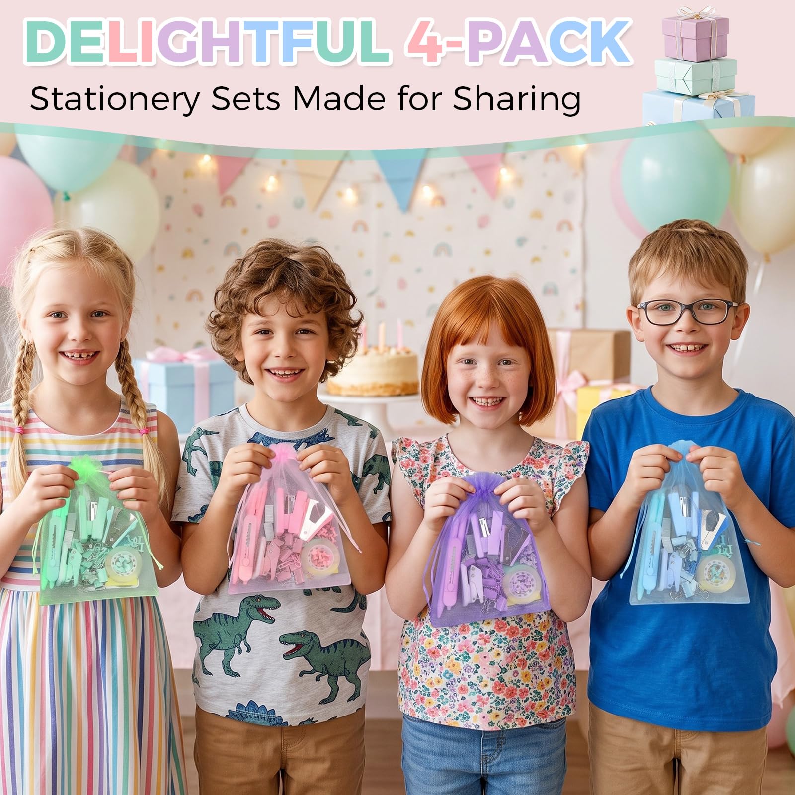 Dunzoom Lot de 56 mini fournitures de bureau pastel prêtes à offrir avec sacs individuels en organza, mini agrafeuse, perforatrice, ruban adhésif, stylos, pinces pour enseignants, collègues