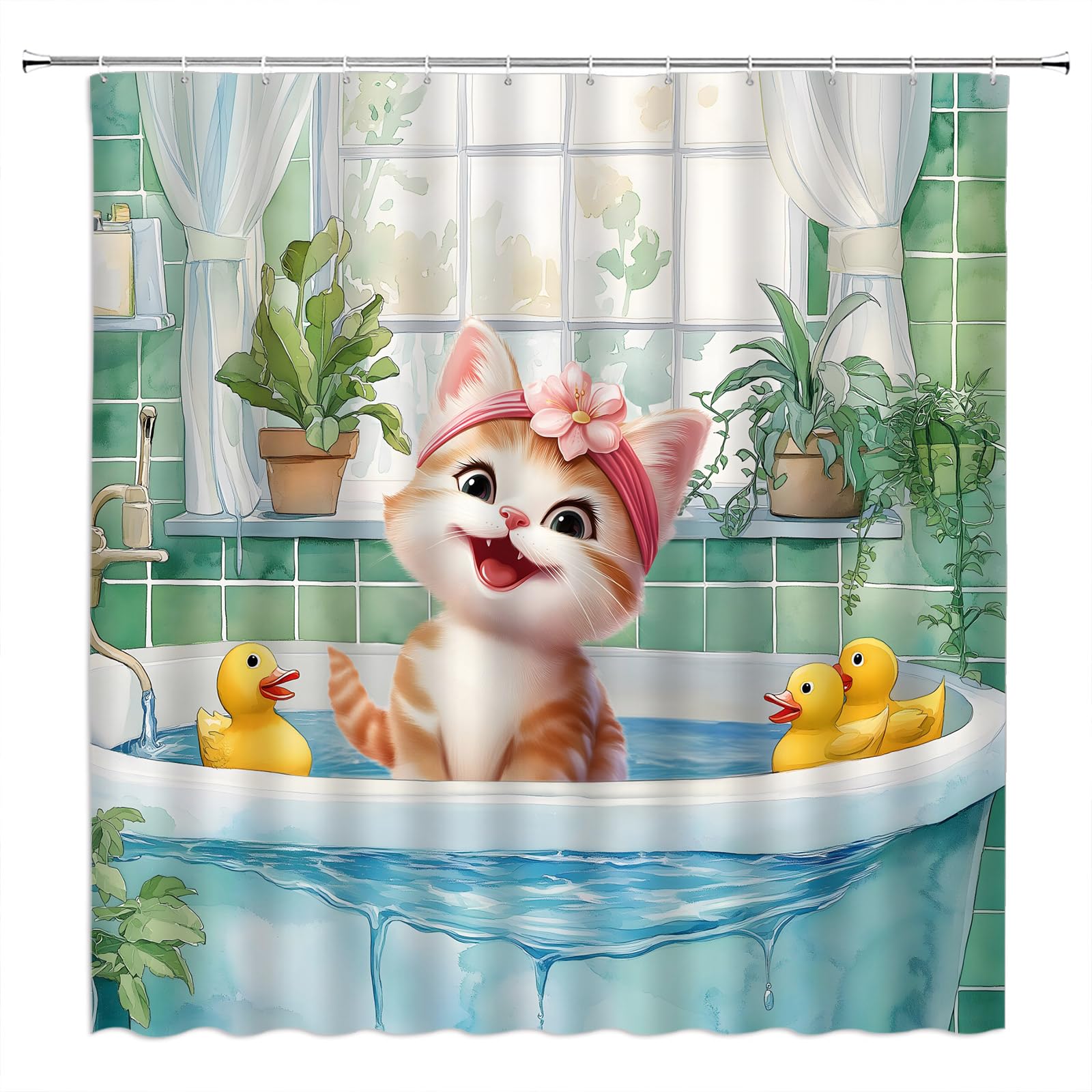 AEMBEE Funny Cat Shower Curtain Cute Kitten Bath Bathtub Duck Pet Lover Cartoon Fabric Decorative Bathroom Curtains with Hooks,Green Brown