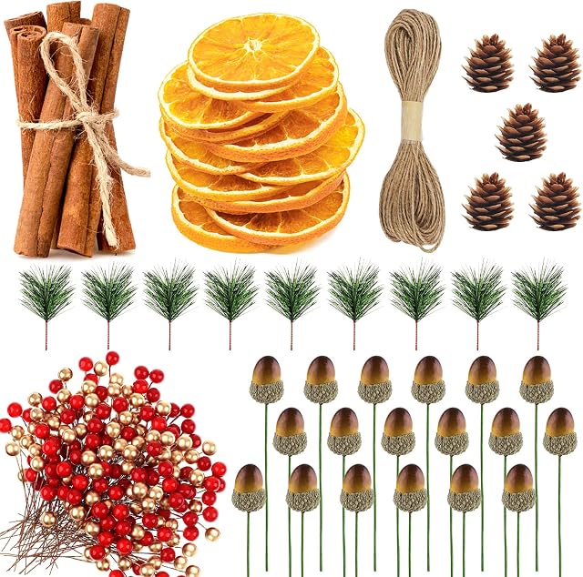 Fox·Bunny 235Pcs Christmas Wreath Making Supplies, Cinnamon Sticks, Dried Orange Slices, Artificial Pine Branches, Acorns for Crafts and Artificial Berries for Christmas Wreath Decoration