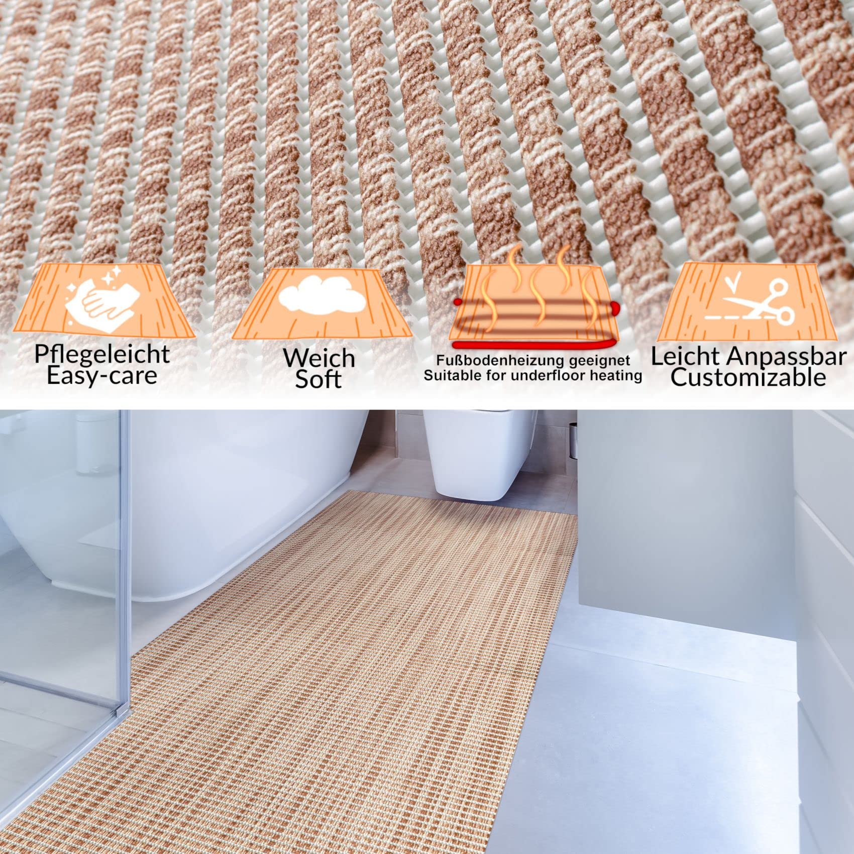 ANRO Alfombra de baño de espuma suave alfombrilla de baño y ducha antideslizante badläufer uni falso beige 500x65 cm