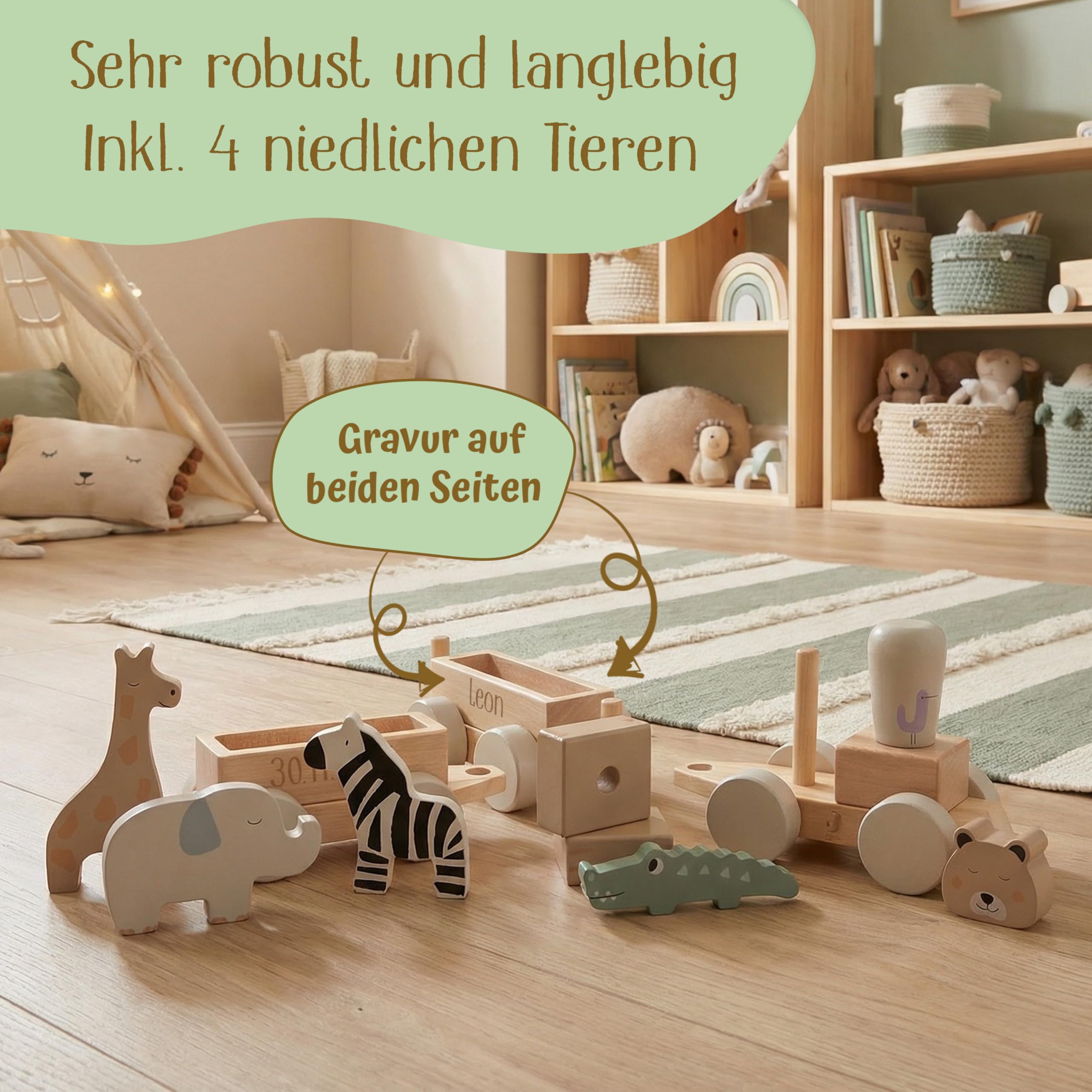 Jollein Holzzug personalisiert mit Name & Datum – FSC Holzspielzeug ab 18 Monate – Made in Germany – beidseitige Gravur – Motorikspielzeug mit Tieren