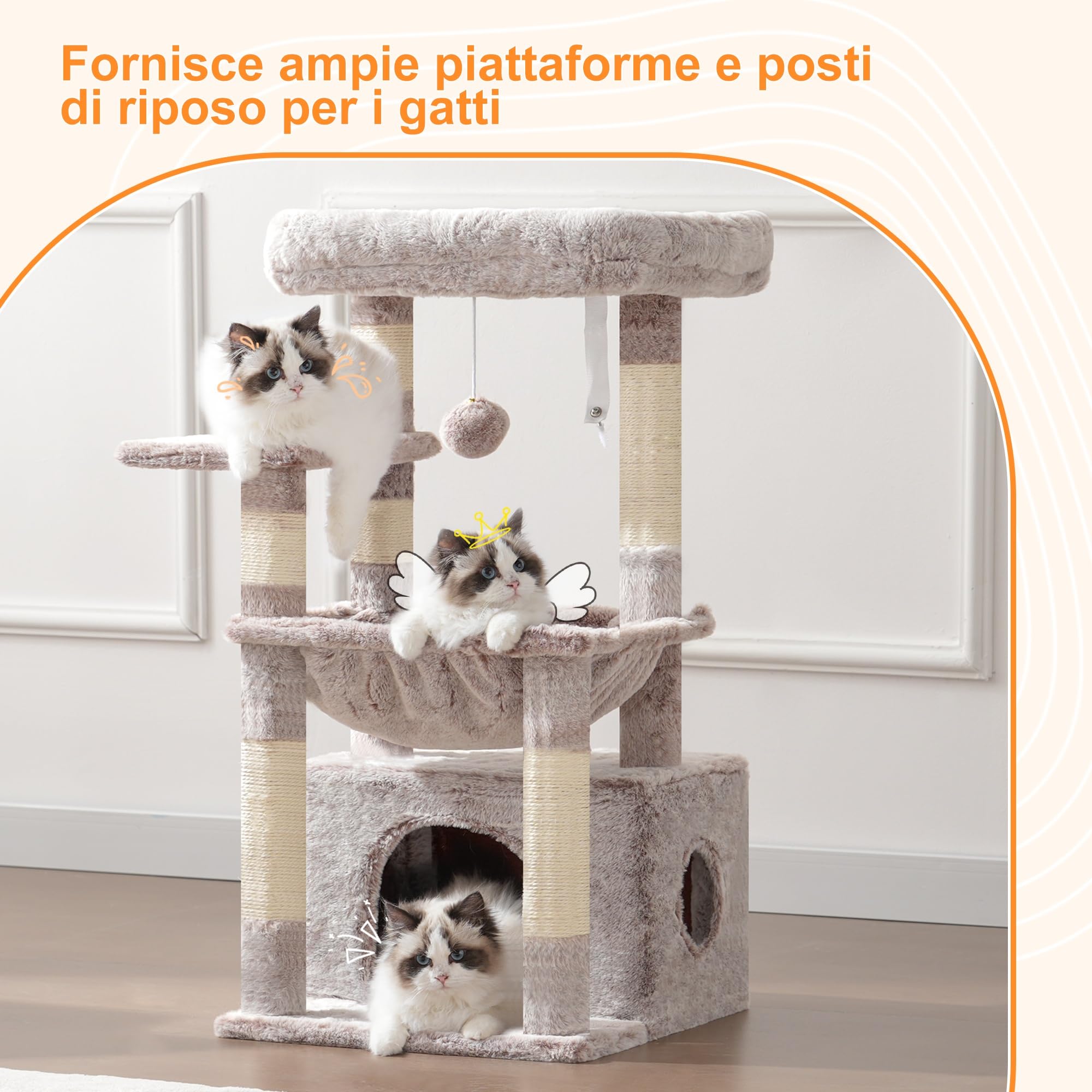 Heybly Albero per Gatti, con Cestino Extra Grande e Morbido, Letto Spazioso, Posto Letto Nascosto, Colonne in Sisal Robuste e Palla di Peluche, Beige Marrone HCT008SMU