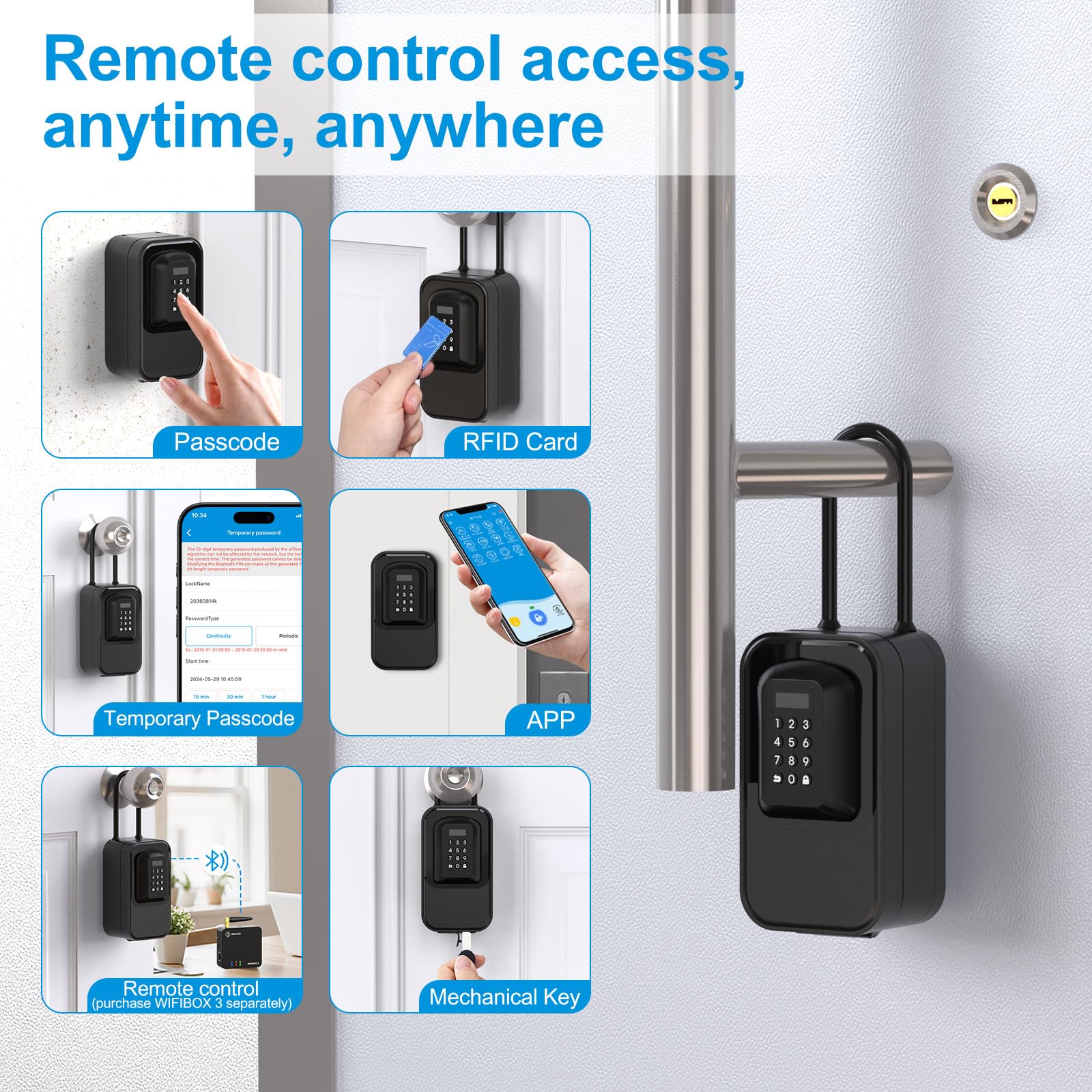 WELOCK Smarte Schlüsselbox mit Zahlencode APP Schlüssel, Schwarz | Temporäres Passwort, BLE Lock Box, IP65 Wasserdicht, Tür- und Wandmontage,für Reisen Hotel Zuhause Wohnung Hochschule