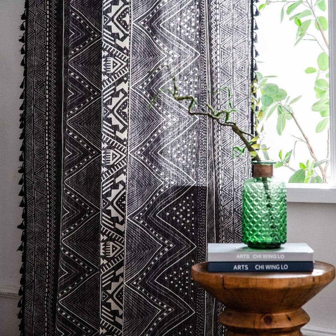vctops Vintage Geometric Printed Cotton Curtains with Tassels Rod Pocket Room Darkening Window Curtain Panel for Living Room Bedroom (Black,59"x71")