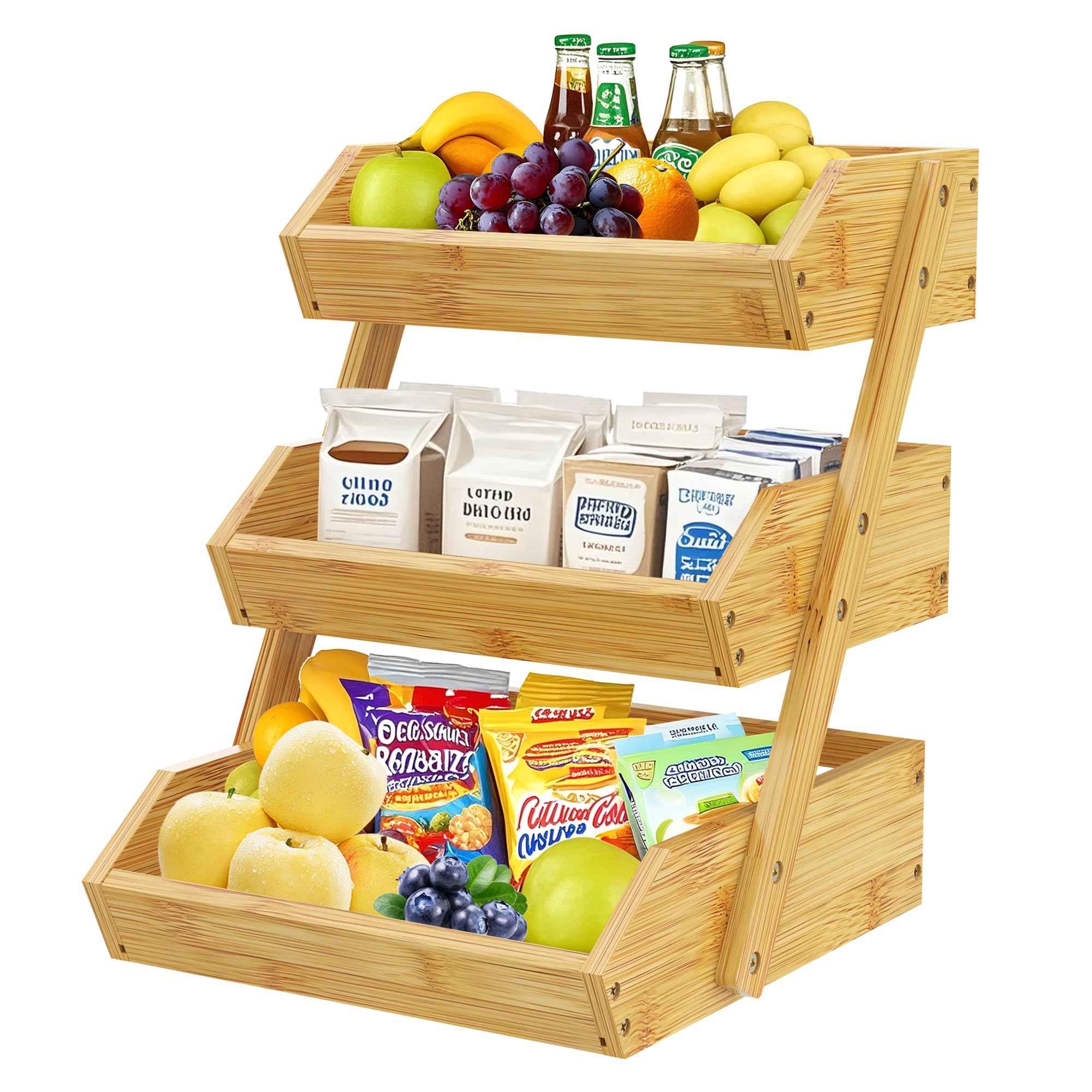 ADEL DREAM Bambus-Obstkorb 3-stöckiger Servierkorb Obstschale und Natürliches Aufbewahrungskorb-Regal Snack-Ausstellungsständer perfekt für Obst Gemüse Snacks Haushaltswaren und mehr Bambus