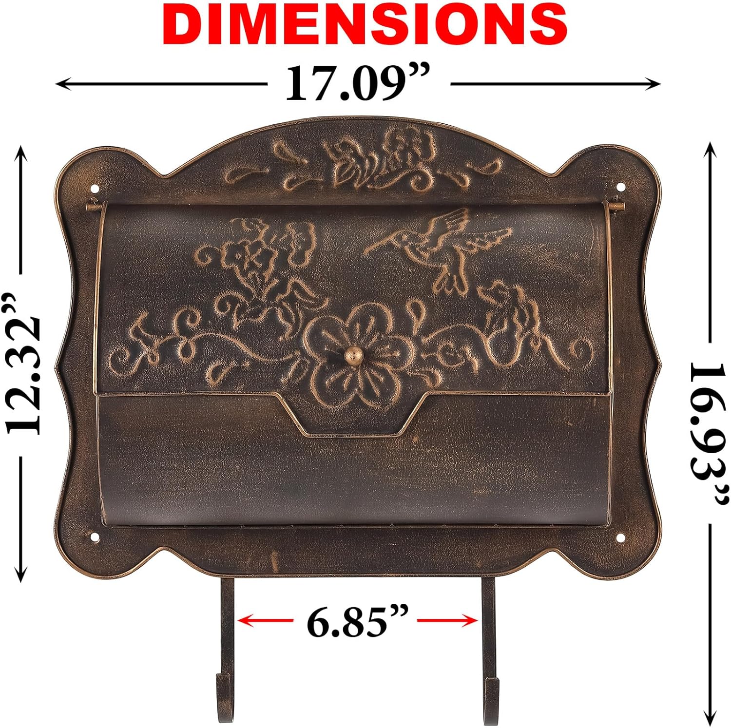 Wall Mount Mailbox with Newspaper Holder, Metal Wall Mailboxes for Outside, Vintage Decorative Front Porch Mail Box Wall Mounted, Horizontal Outdoor Mailbox with Hummingbird Accent, 17" x 5" x 17"