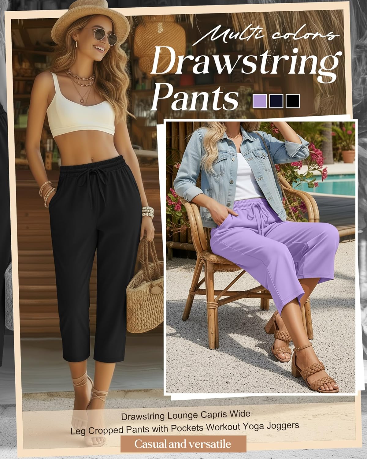 Huukeay 3 Pack Women's Capri Pants, Drawstring Lounge Capris Wide Leg Cropped Pants with Pockets Workout Yoga Joggers - Image 4