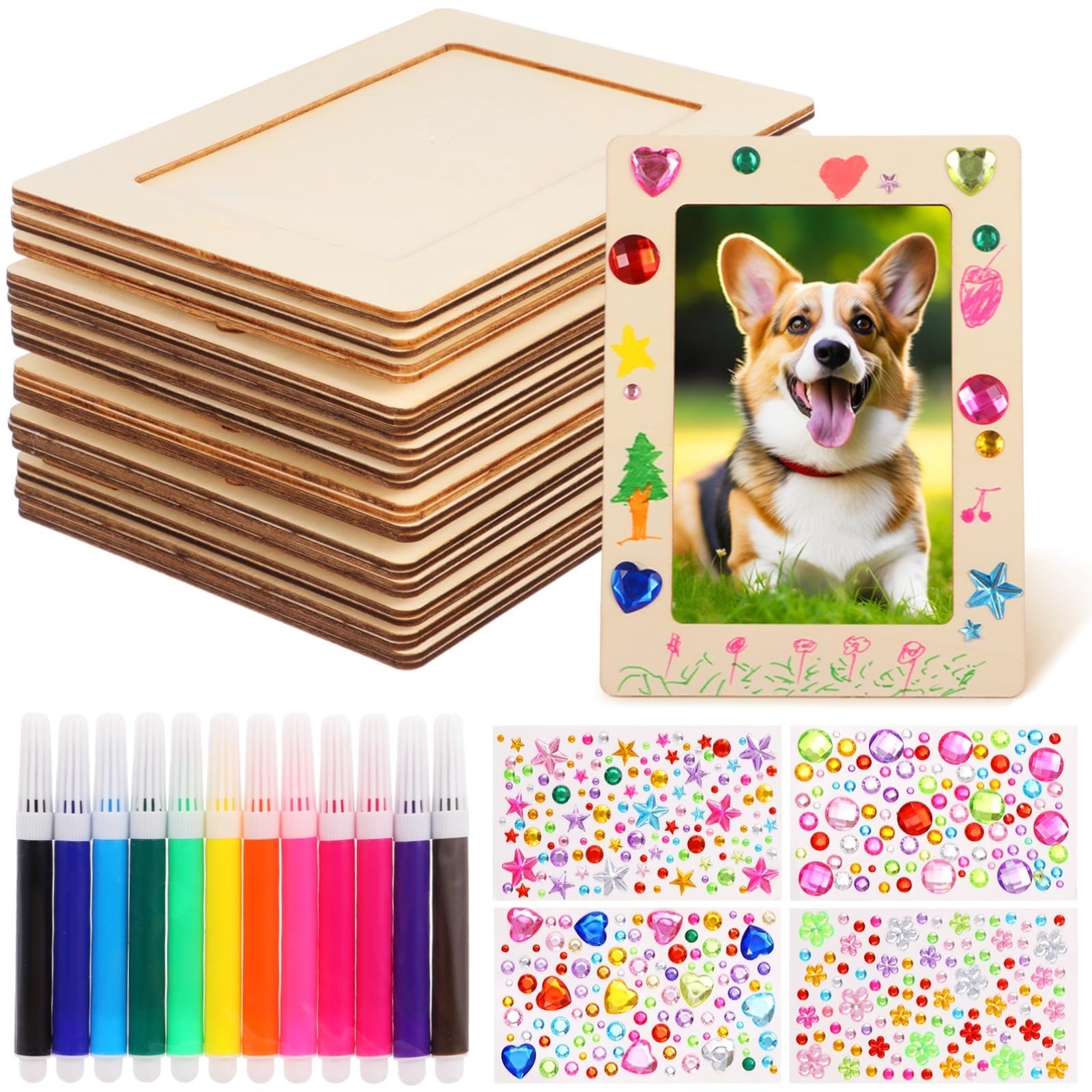 Kit de peinture pour cadre photo en bois avec 12 feutres et autocollants diamant
