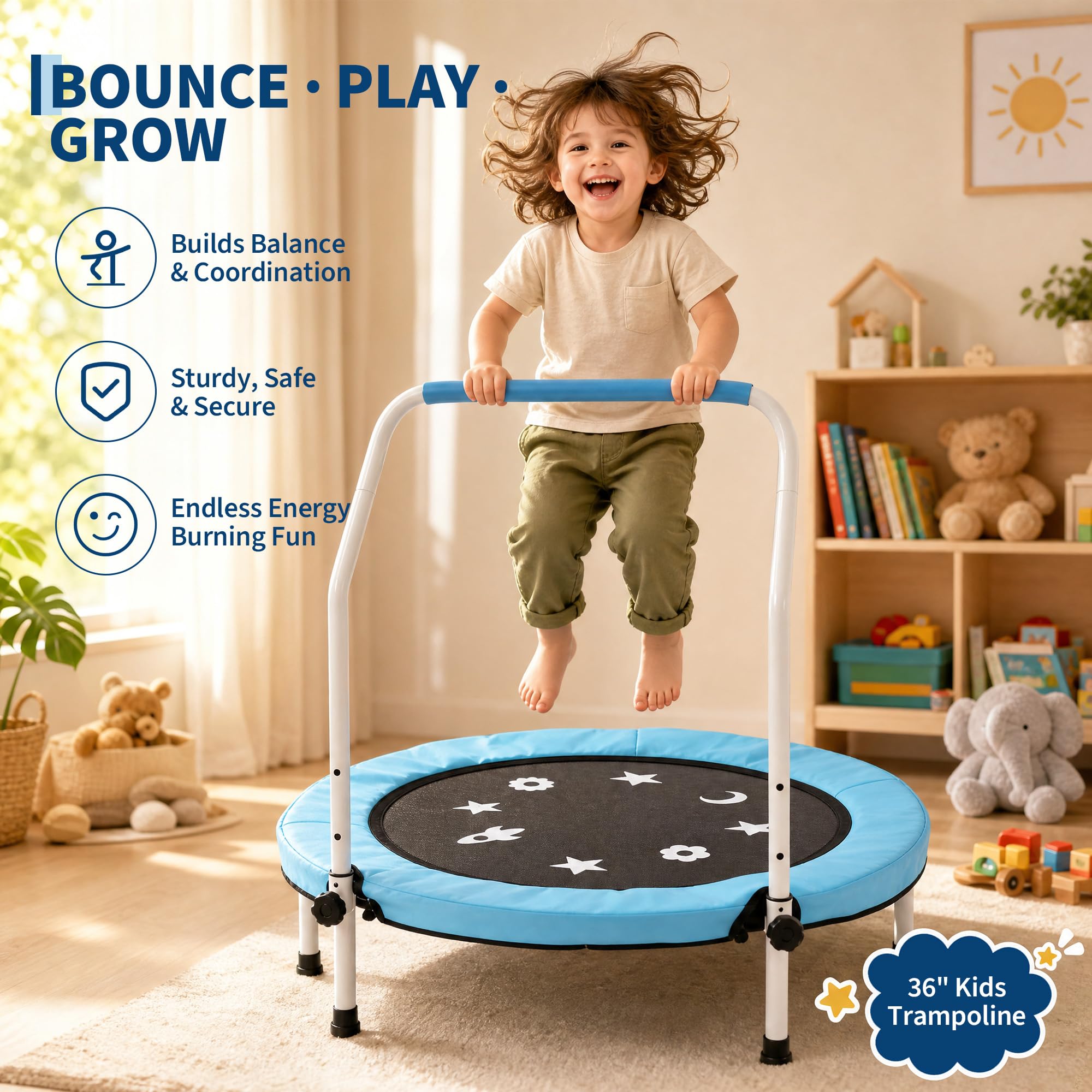 Garvee 91 cm Trampoline for Toddlers and Kids Handle Trampoline, Blue, 36 inches - Image 2