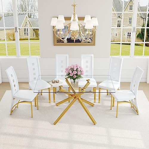 Miniatura 40 de Juego de mesa de comedor moderno de 63 pulgadas para 6 personas, juego de 6 mesas de comedor de cristal con patas de metal plateado, mesa de cocina