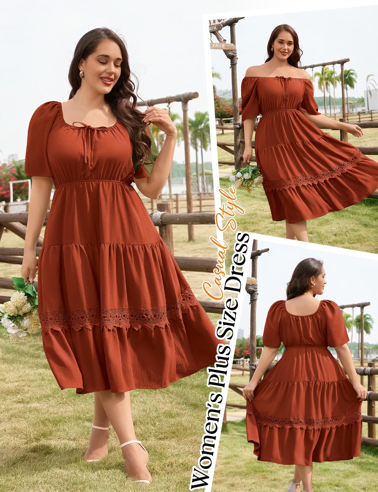 CMTOP Sommerkleid Damen Große Größen Kleider Sommer Maxikleider Elegant Quadratischer Ausschnitt Midikleid Gerafft Lang Freizeitkleid Leicht Fließend Strandkleid Kurzarm A Linie