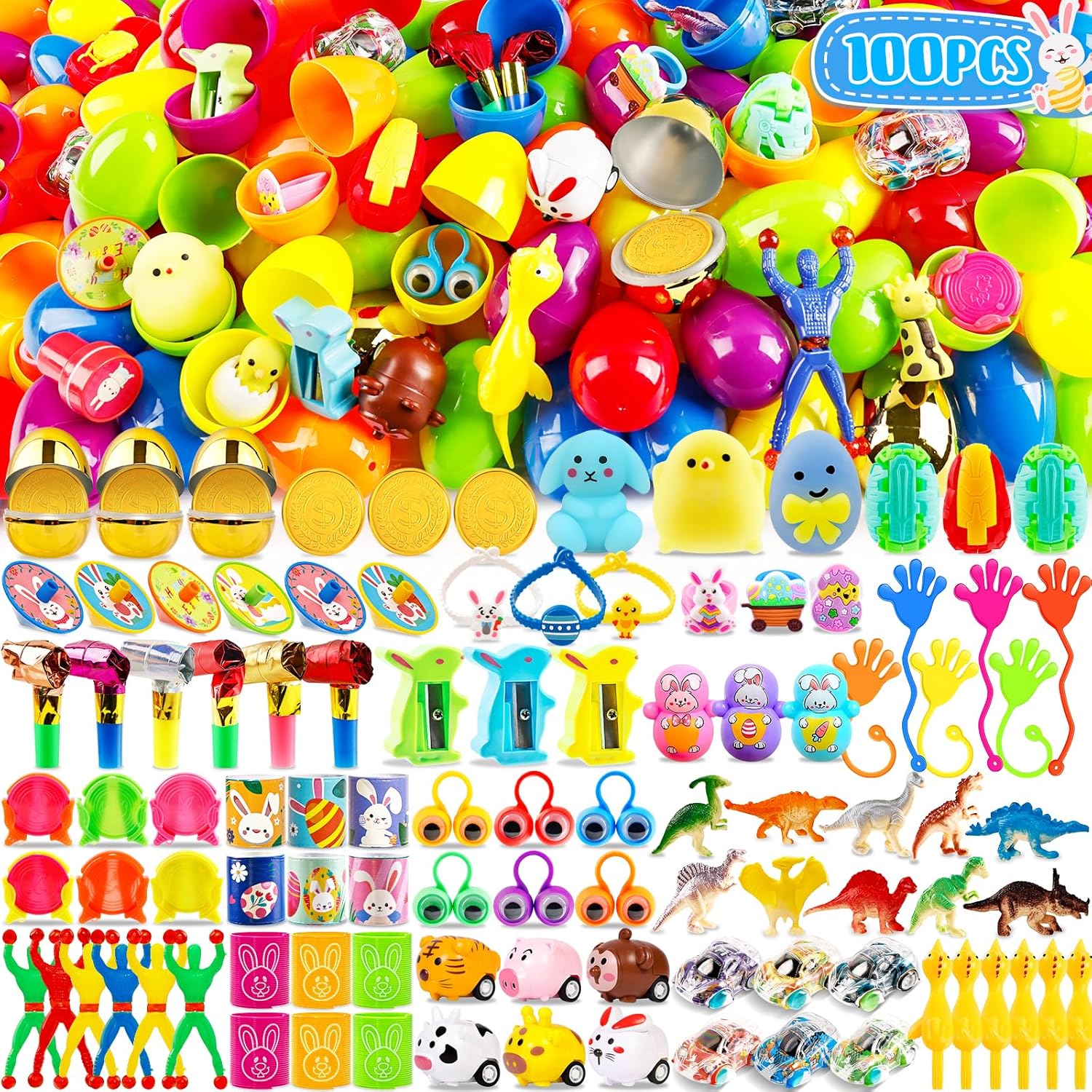 [6 Surprise Golden Eggs] 100 PACK Prefilled Easter Egg Fillers with Novelty Toys Inside, Easter Basket Stuffers Classroom Prizes Supplies Egg Hunt Party Favors for Kids Toddlers Boys Girls