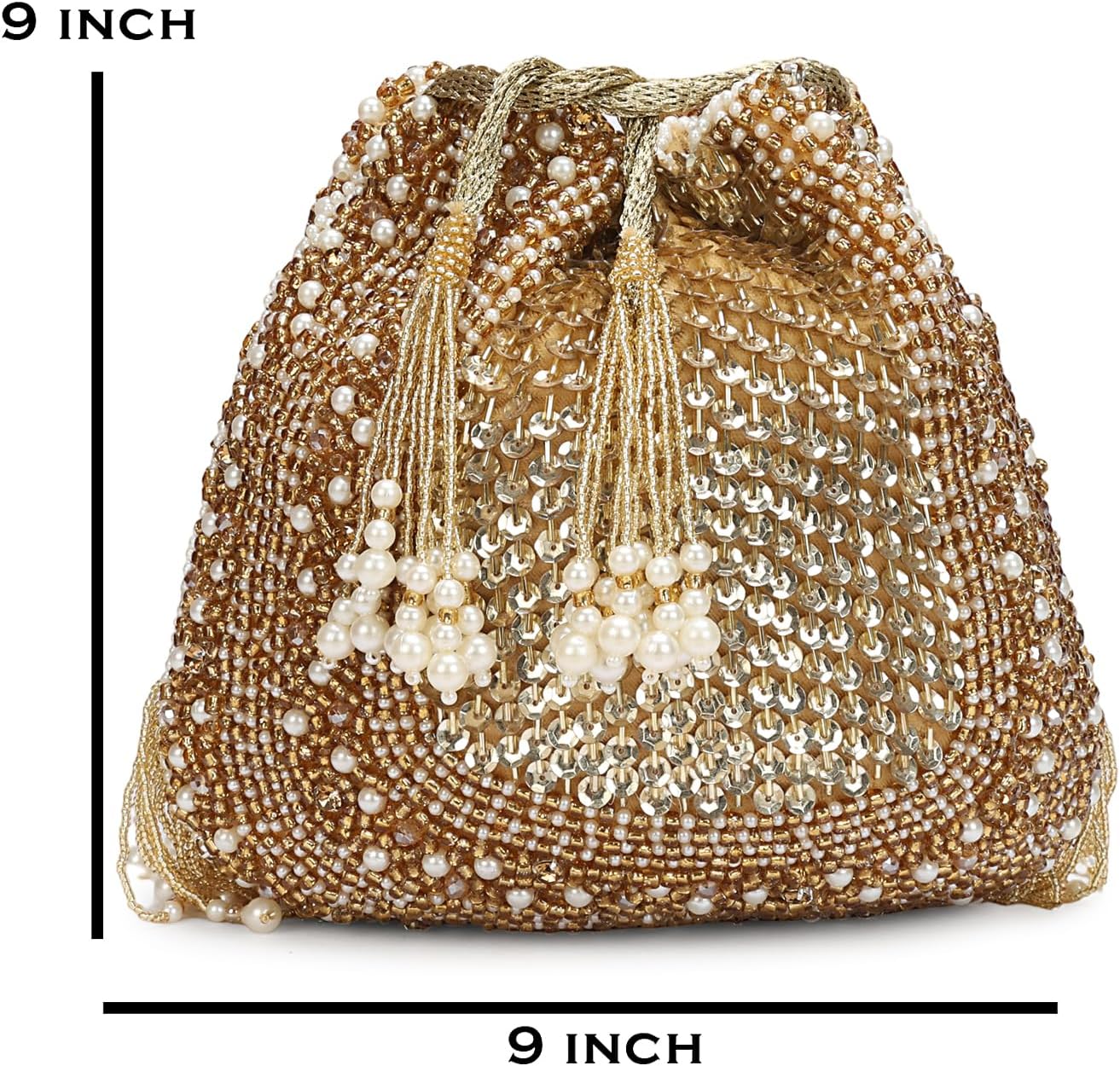 LONGING TO BUY Gold Beaded & Sequence Potli Bag with Pearl Fringe Detail, Embellished Drawstring Clutch for Women