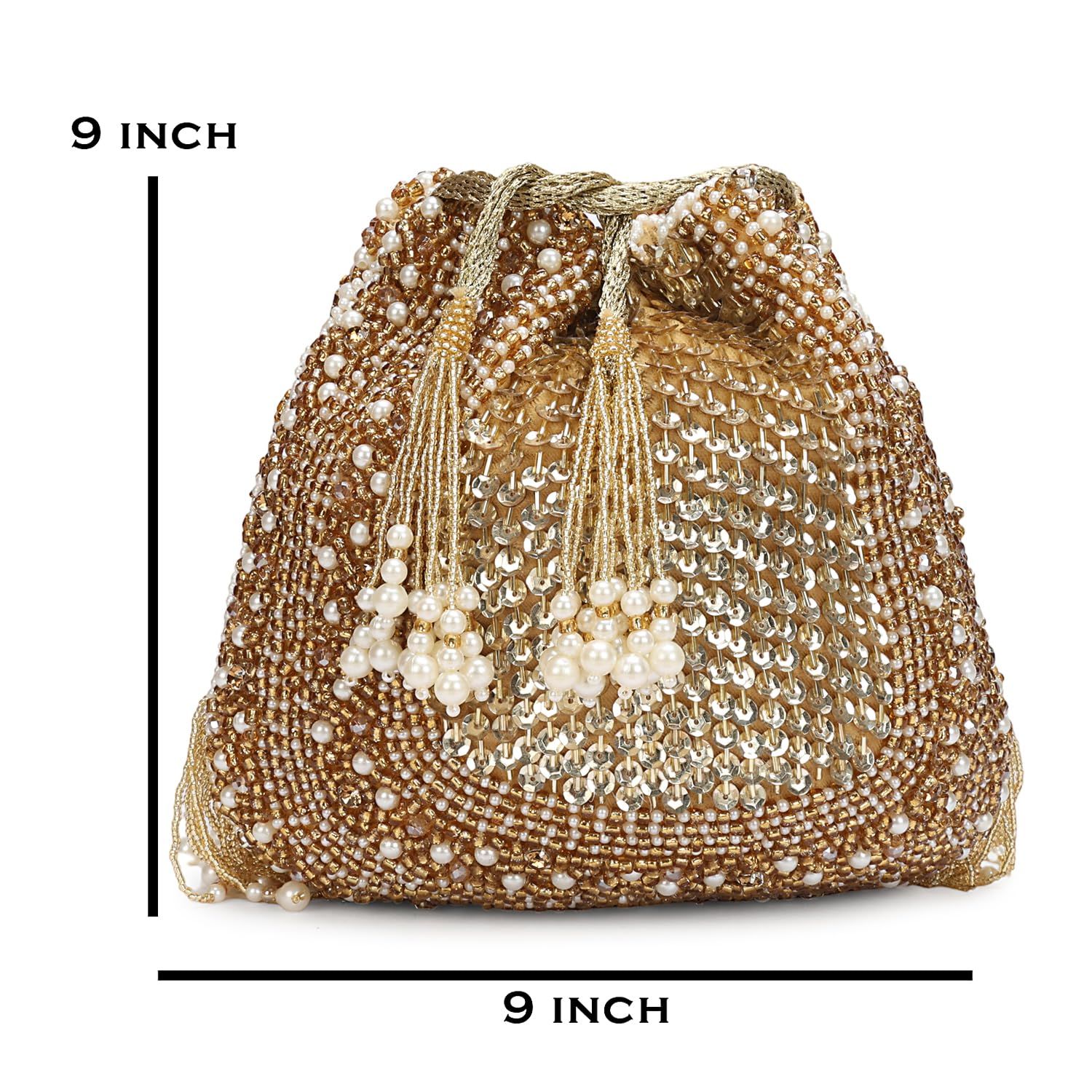 LONGING TO BUY Borsa Potli con perline dorate e sequenze con dettaglio di frange di perle, pochette con coulisse impreziosita per le donne