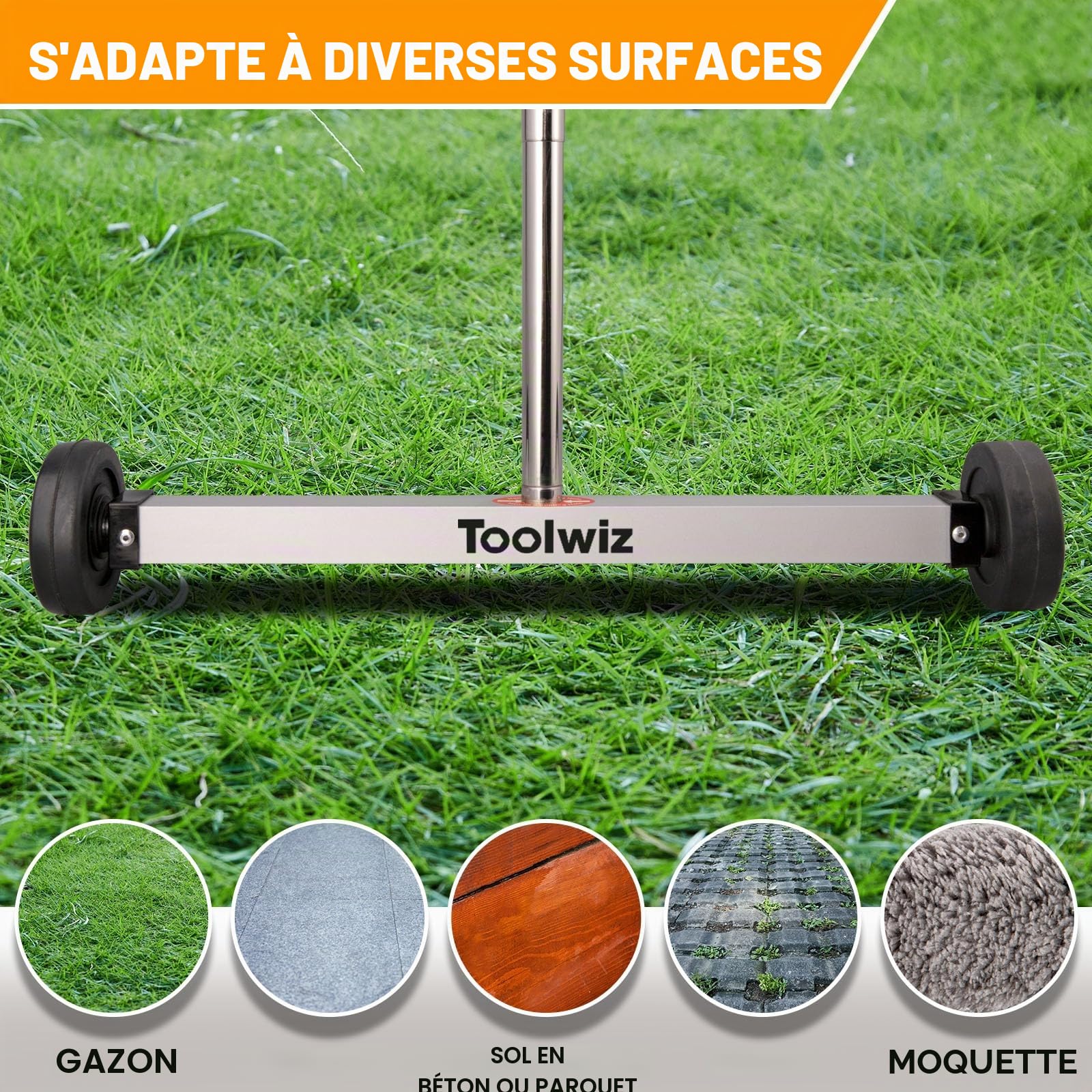 Toolwiz Balai magnétique roulant de 43,2 cm, 4 kg, avec outils de ramassage magnétiques télescopiques de 7,3 kg – Balayeuse légère avec roues pour clous, vis et débris métalliques pour usage