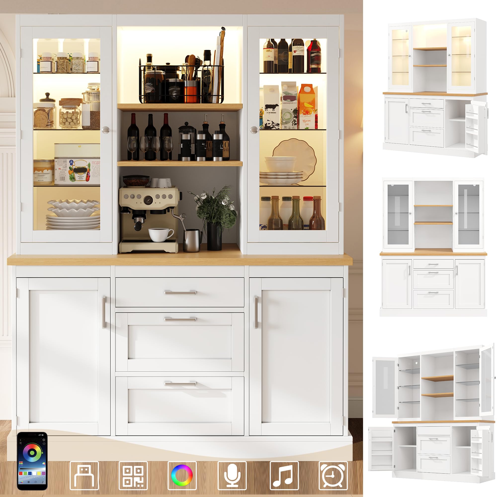 Dolamaní Credenza da cucina, 185 x 140 x 40 cm, buffet con illuminazione a LED controllata da app, ripiani regolabili, 3 cassetti, piano di lavoro (bianco)