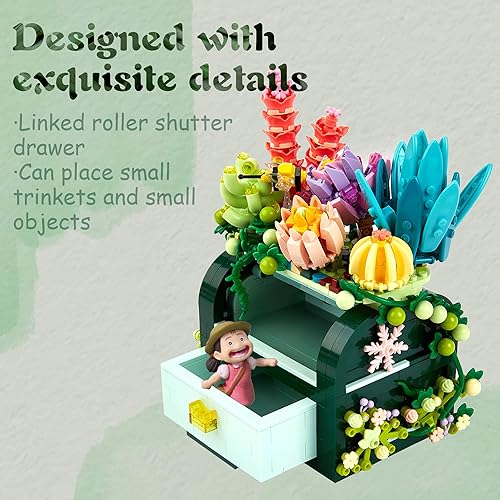 Miniatura 2 de Juego de construcción de cajas de suculentas con flores para adultos, mini bloques de construcción de juguete para la decoración de oficina y el