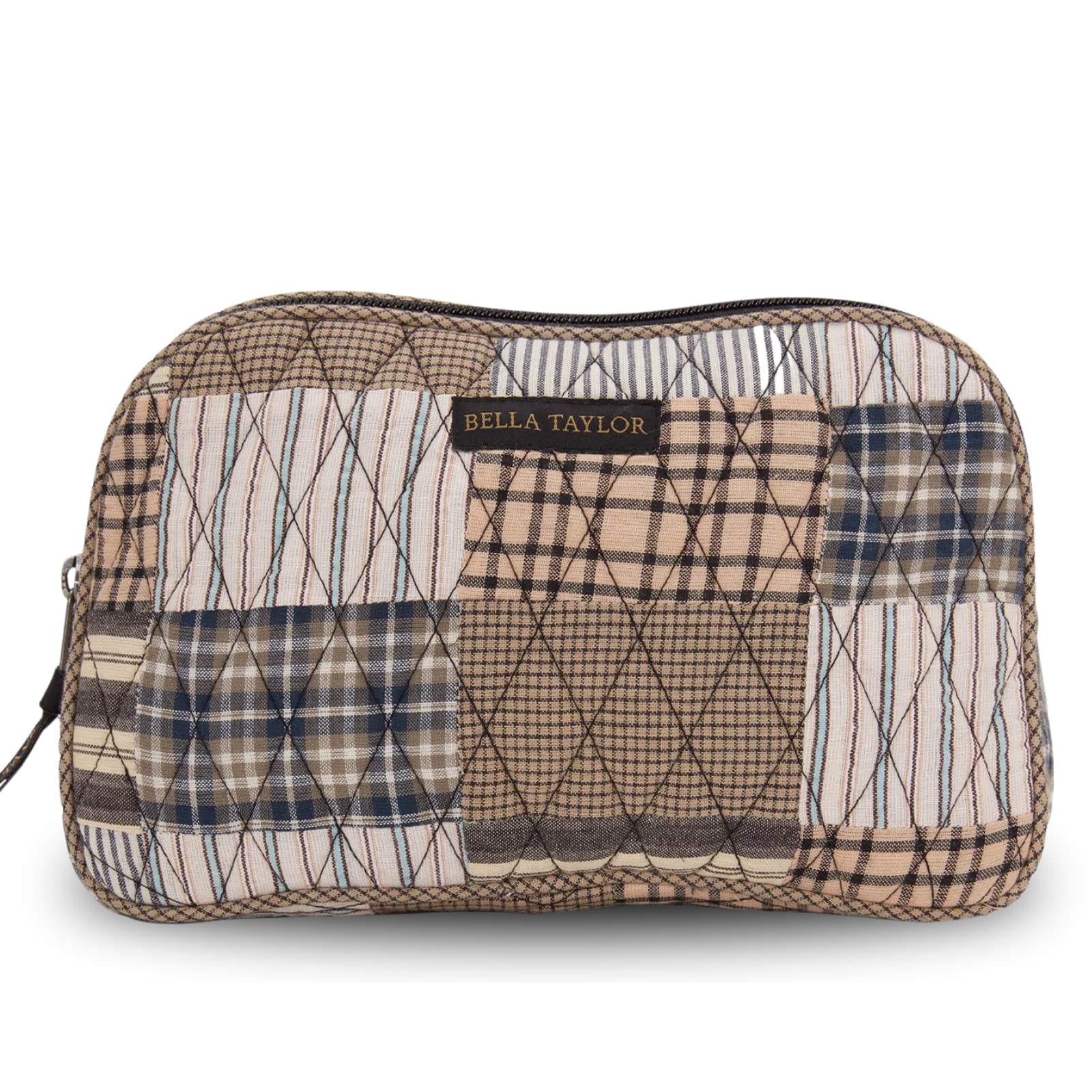 Bella Taylor Large Quilted Cotton Makeup Pouch for Women, Travel Cosmetic Bag, Quilted Cotton Ashmont Tan, Grey and Cream Patchwork