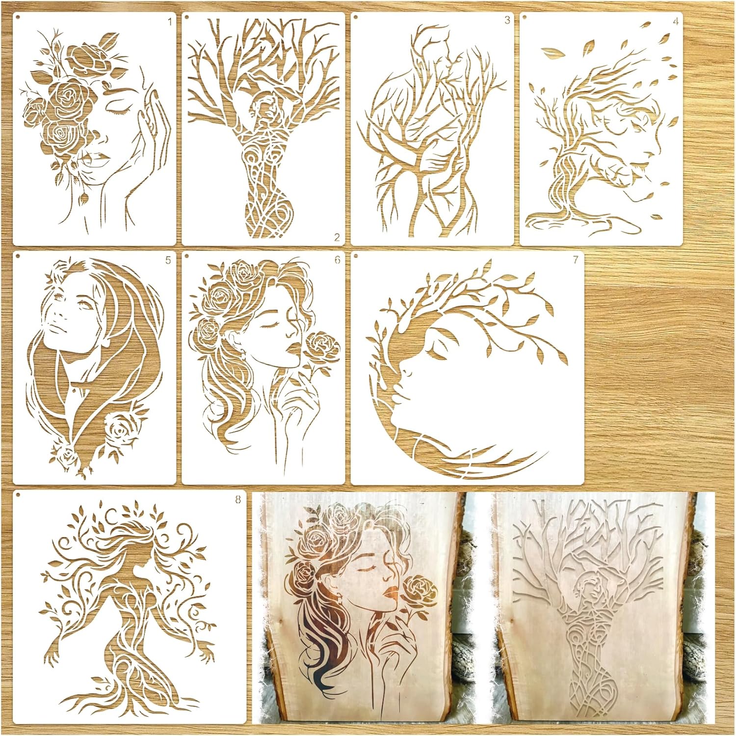 Woman Tree Stencils for Painting on Canvas Wood Walls, Branches Rose Floral Reusable Burning Drawing Art Paint Stencils for Crafts Card Making Canvas Furniture (tree8)