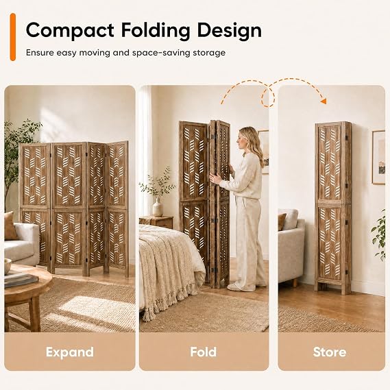 GIANTEX 4 Panel Folding Room Divider, Wood Privacy Screen with Wave Cutout