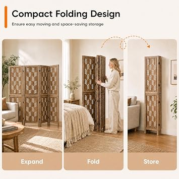 GIANTEX 4 Panel Folding Room Divider, Wood Privacy Screen with Wave Cutout