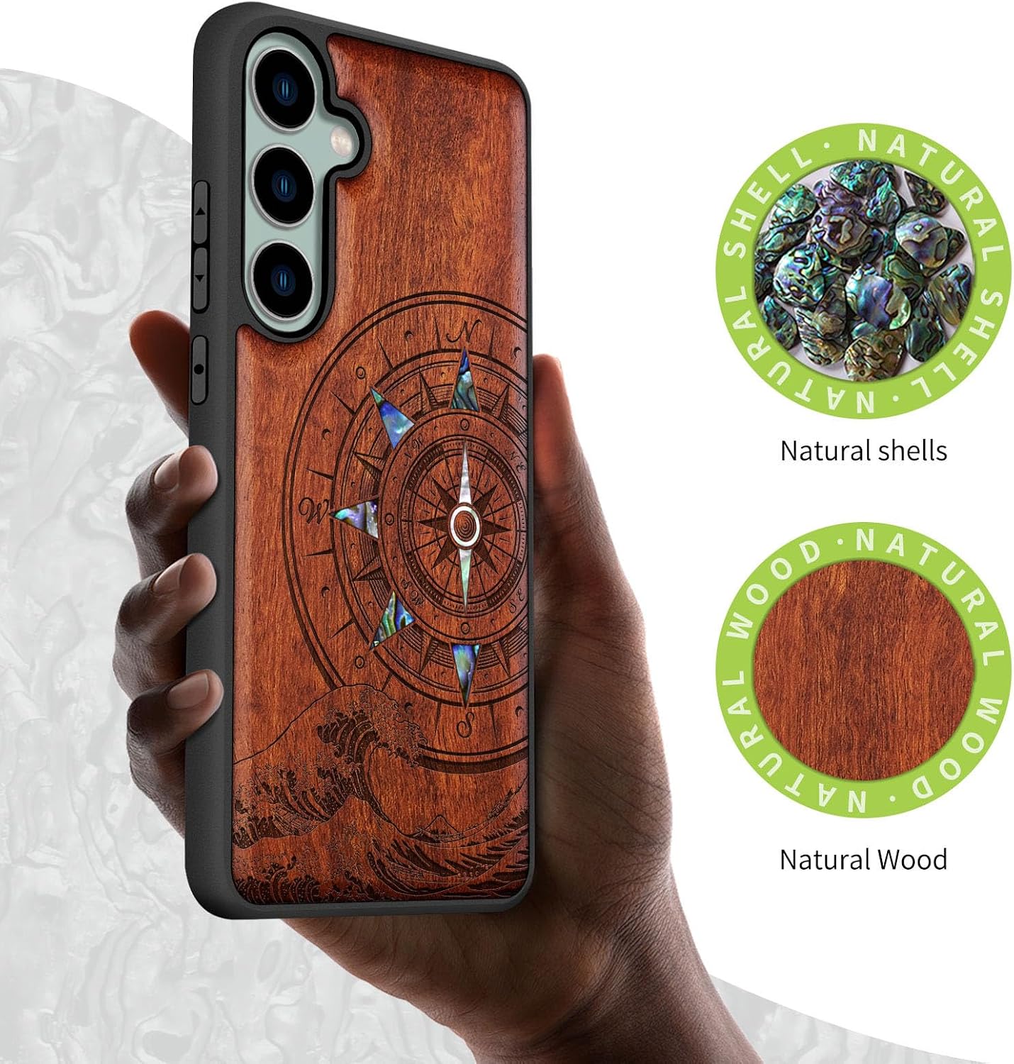Carveit Designer Wooden Case for Samsung Galaxy S23 FE Cover [Wood Engraving & Shell Inlay] Compatible with Wireless Chargers S23 FE Case (Wave Compass-Rosy)