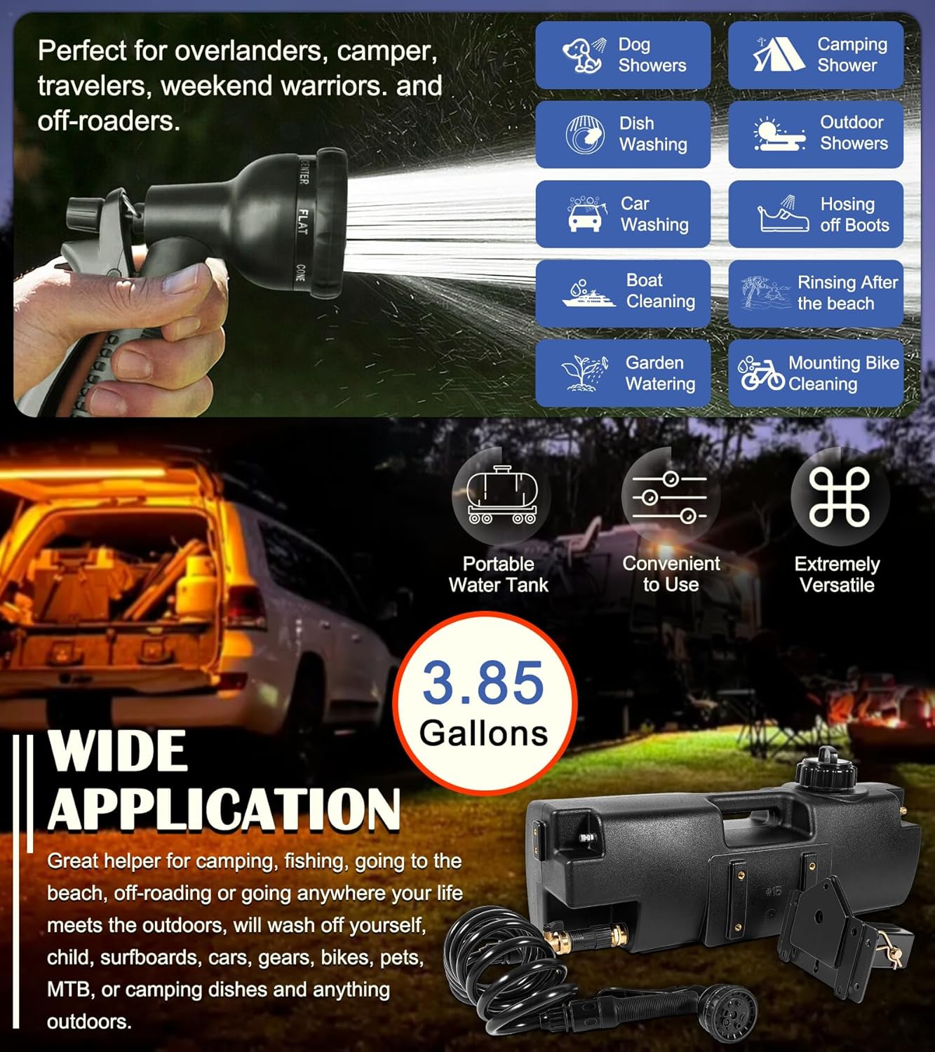 4.0 Gallon Self-Pressurized Water Tank - Portable Camping Shower Water Container w/ Spray Hose, Trucks & Off-Road Vehicles Water Storage for Outdoor, Hiking, Emergency Storage, Bumper Mount/Bed Mount