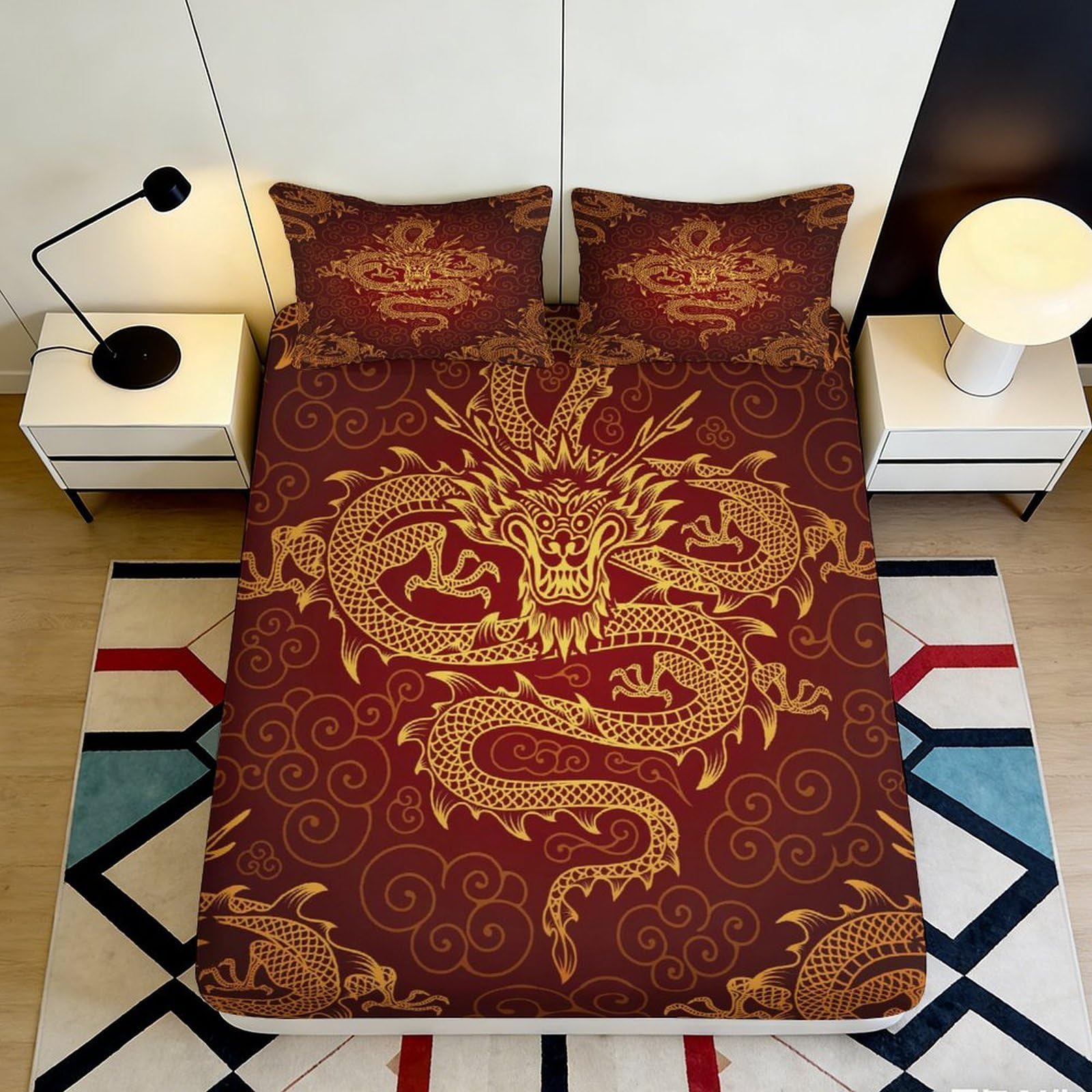 3D Printed Golden Dragon Fitted Sheet Microfiber Soft Maroon Oriental Bed Cover for Bedroom Guest Room Decor 90x200x25cm