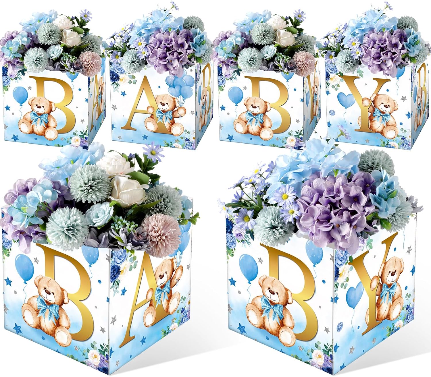 Tanlade 6 Pcs Blue Bear Baby Shower Flower Boxes Centerpieces Decorations Floral Baby Boxes with Letters Shower Box Block for Tables Boy Girl Gender Reveal Birthday Decor Without Flowers