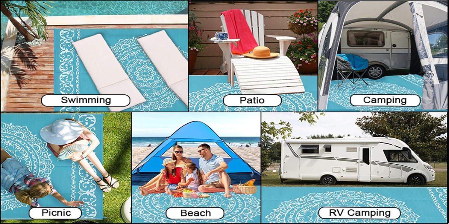 Tropical Chic Sands Sunrise Beach Outdoor Rug for Porch Deck Backyard Balcony Camping Veranda Garden White Teal Beige Indoor Outside Rugs Coastal Waterproof Thin Durable Home Art Decor Mats 3x8
