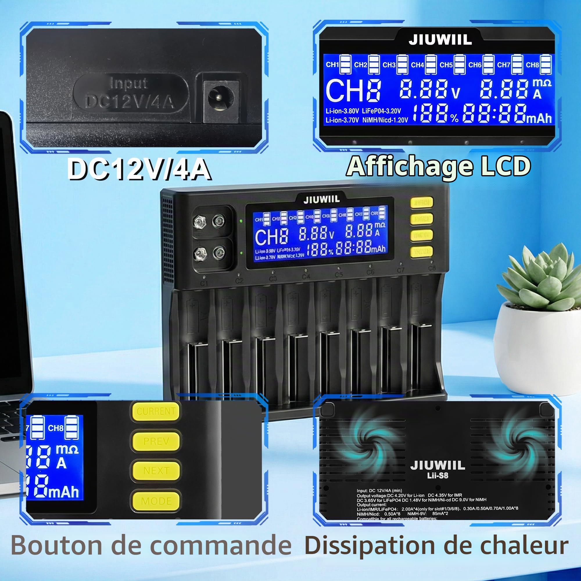 8+2 emplacements Chargeur de Batterie 18650 vec écran LCD | universel à chargement rapide pour batteries rechargeables Li-ion LiFePO4 RCR123 18650 26650 10440 14500 et 9V