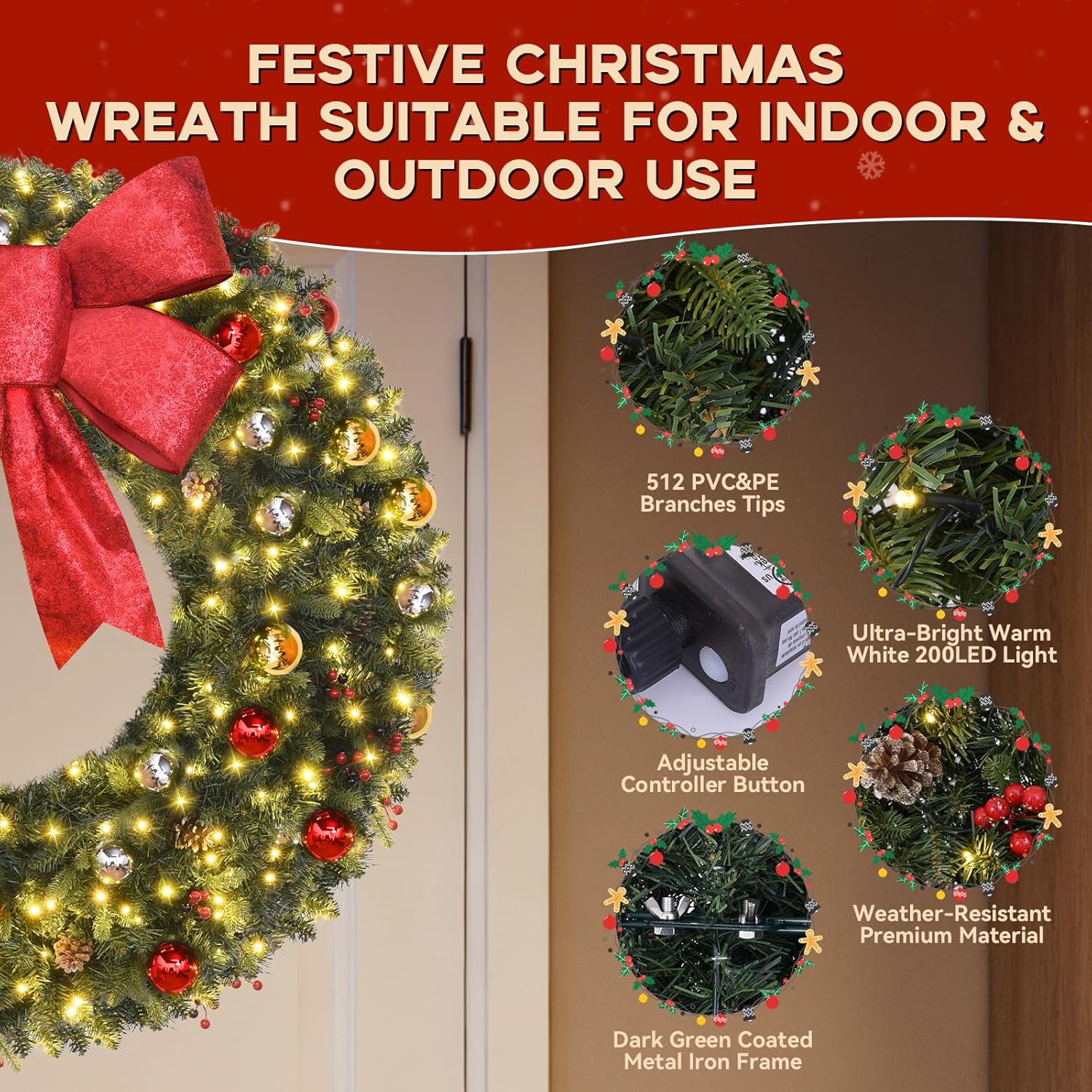 Christmas Wreath Outdoor - 48inch Christmas Wreath with Lights 200led Timerable & Dimmable - Prelit Christmas Wreaths with 512 PVC Tips Artificial Xmas Wreaths with Bow for Walls Mantel Garages