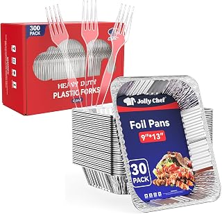 JOLLY CHEF 9x13 Aluminum Foil Pans (30 Pack) and 300 Count Clear Plastic Forks,Heavy Duty Disposable Forks Plastic Utensils Perfect for Home
