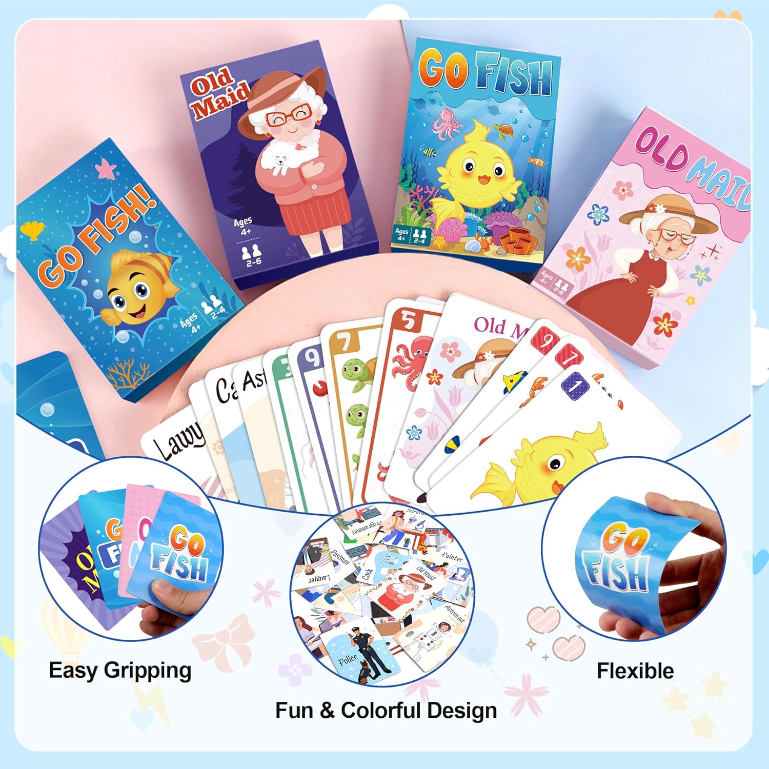 Kids Card Games,Go Fish,Old Maid Card Game,Go Fish Card Games for Kids Ages 4-8,Fun Classic Kid Toddlers Games for Family Game Night Party Travel Preschool Classroom,Stocking Stuffers Gifts,4 Decks