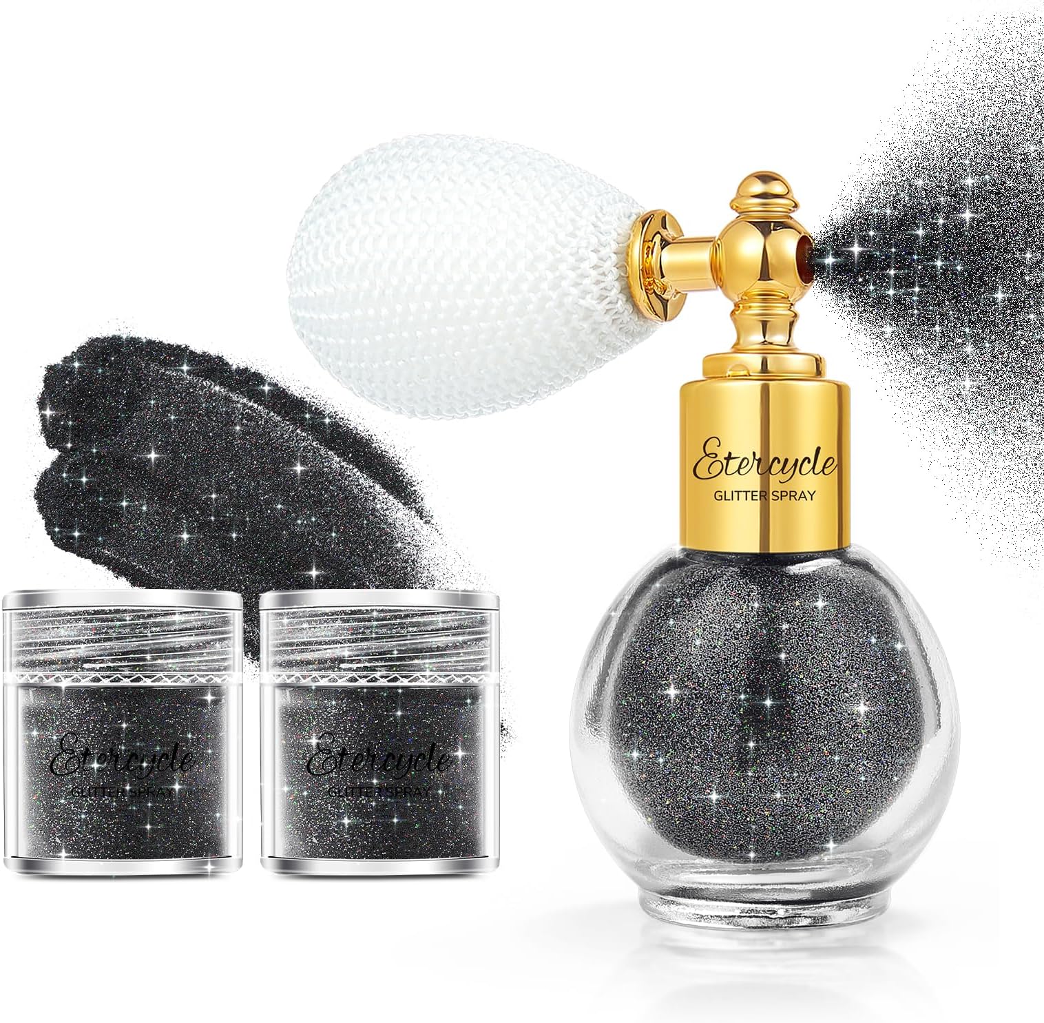 Etercycle Black Body Glitter, Hair Glitter Spray Fine Face Shimmer Powder, Longwear and Quick Drying Body Glitter Sparkly Glitter Gifts for Rave Clothes Nail Art Easter Christmas Halloween Crafts